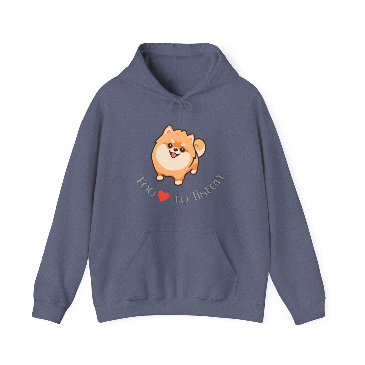 Heather Navy Navy color Gildan hoodie with embroidered pomeranian graphic and too cute to listen slogan displayed flat