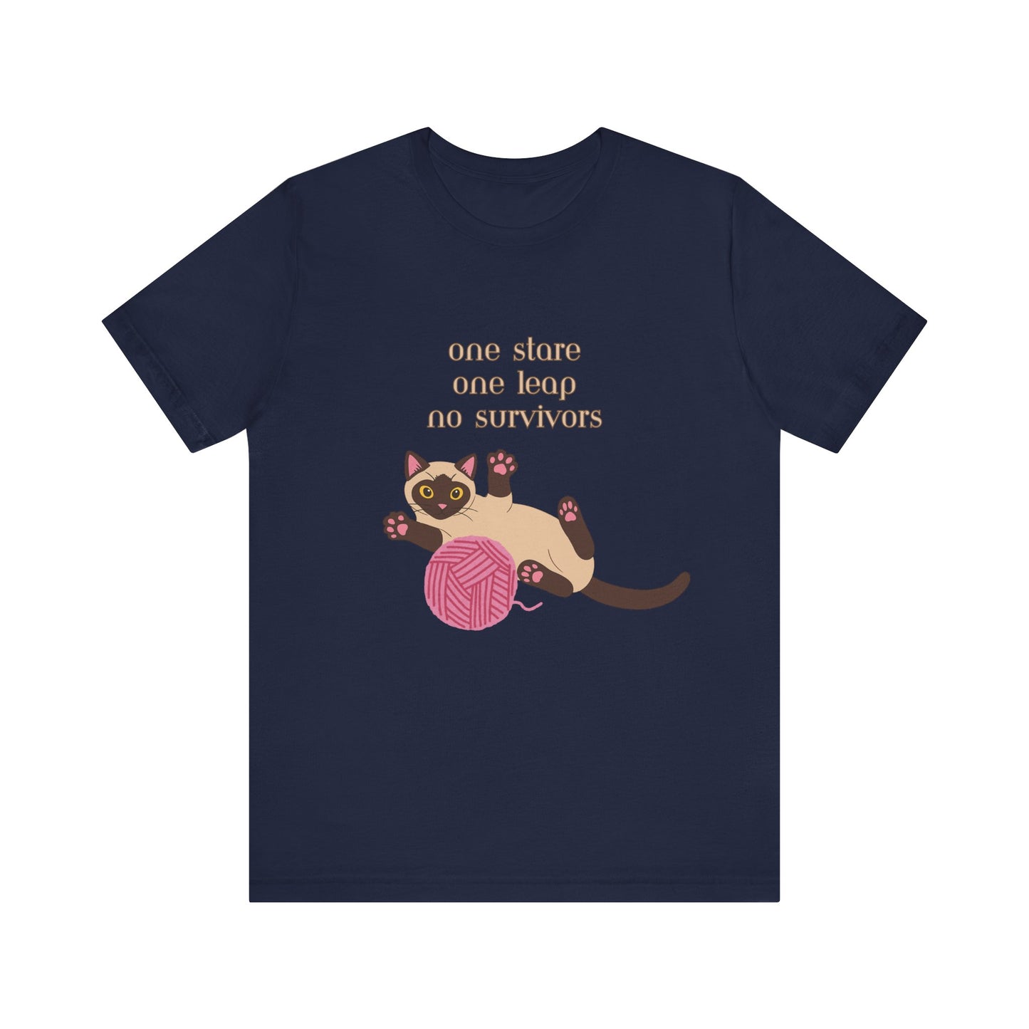 Navy Color t-shirt with Siamese cat graphic and one stare one leap no survivors slogan displayed flat