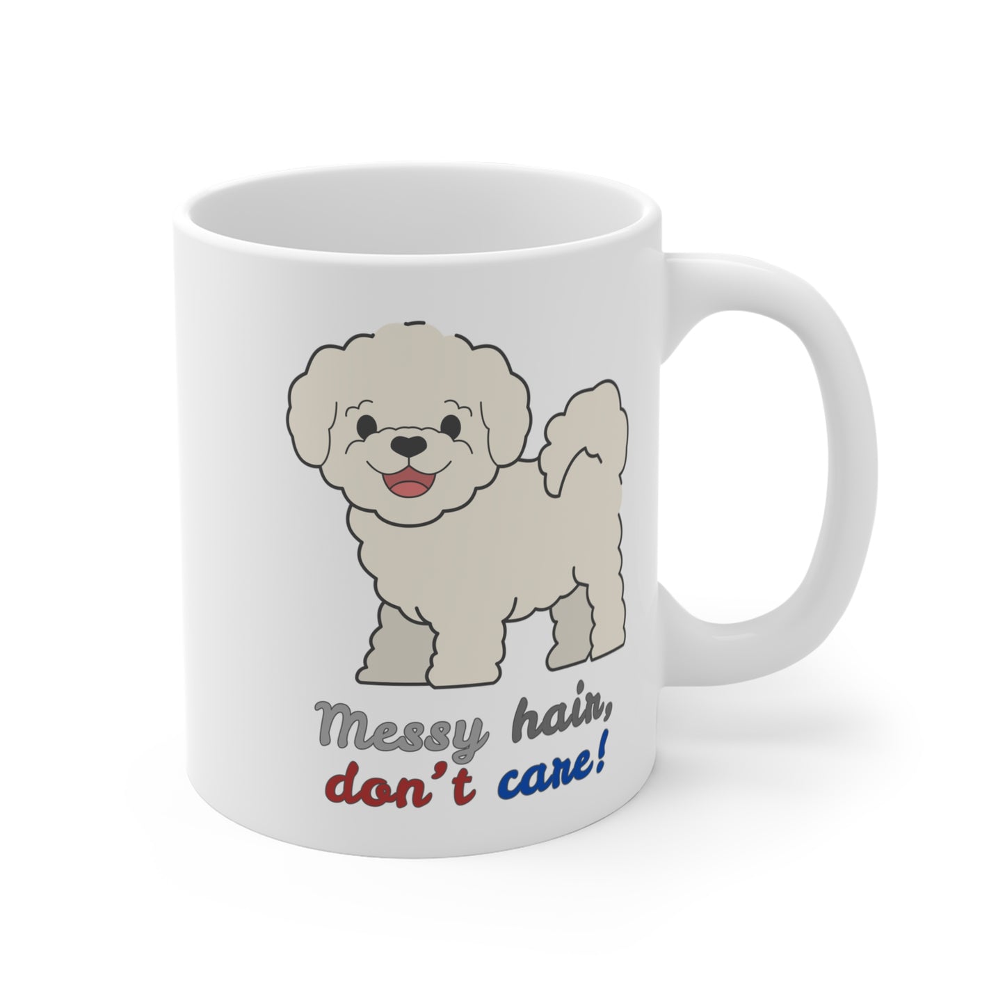 White coffee mug with bichon dog graphic and messy hair don’t care slogan shown from right side