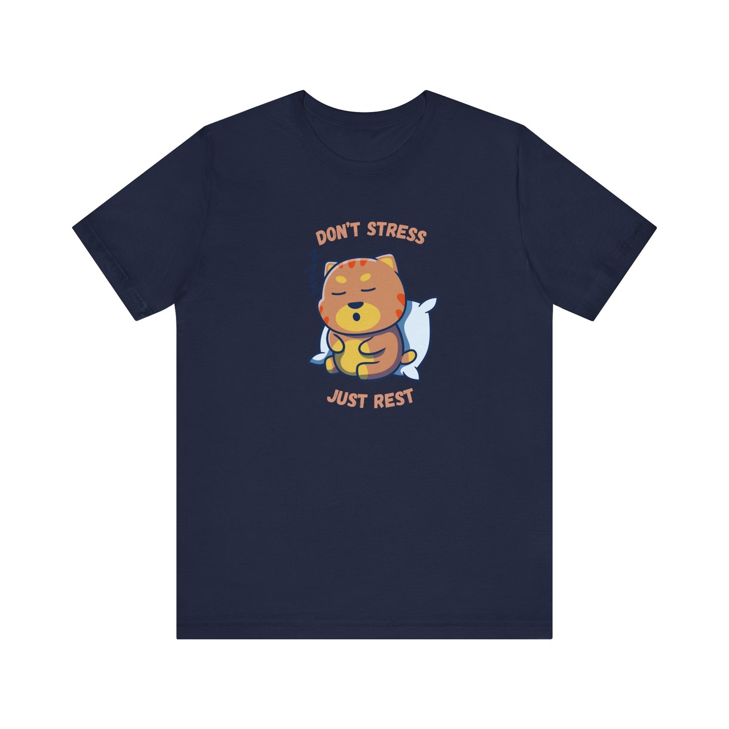 Navy color t-shirt with sleepy cat graphic and don’t stress just rest slogan displayed flat
