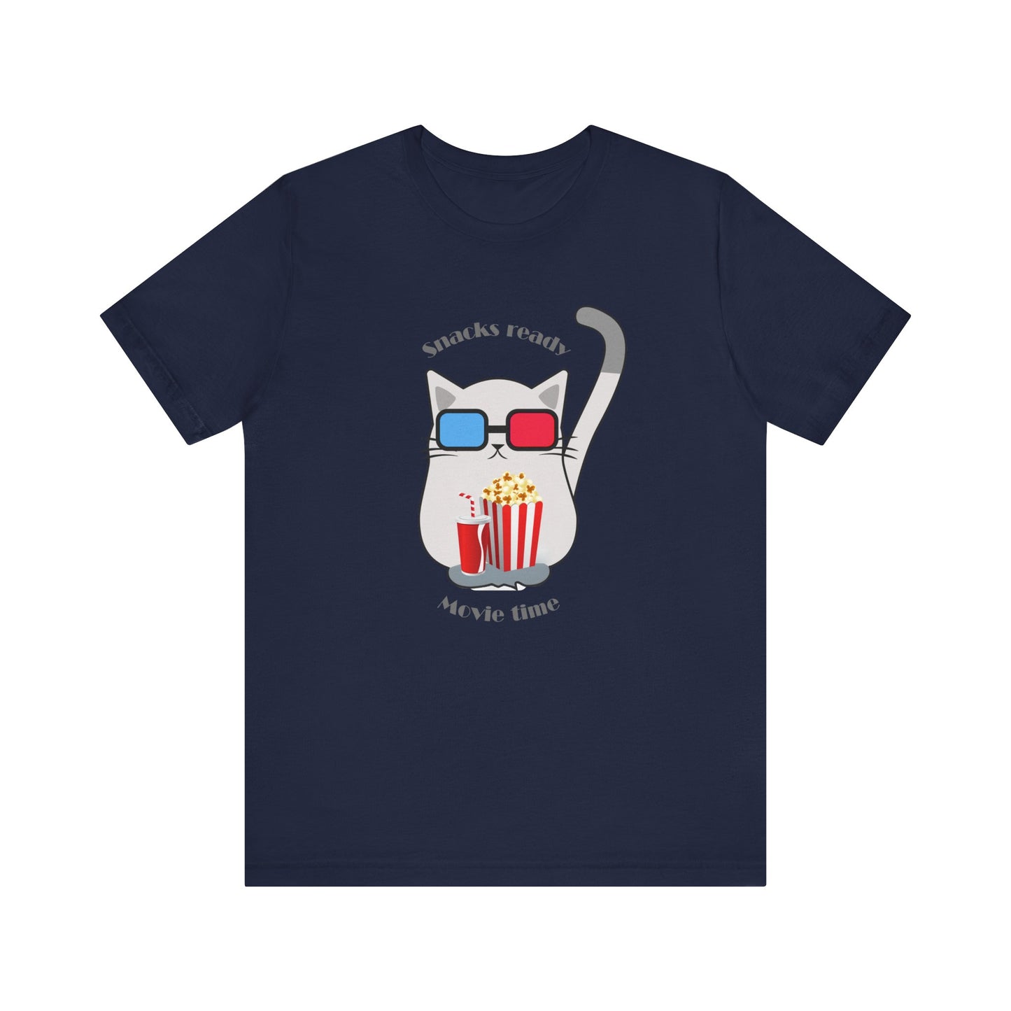 Navy color t-shirt with cat wearing 3D glasses and snacks ready movie time slogan displayed flat