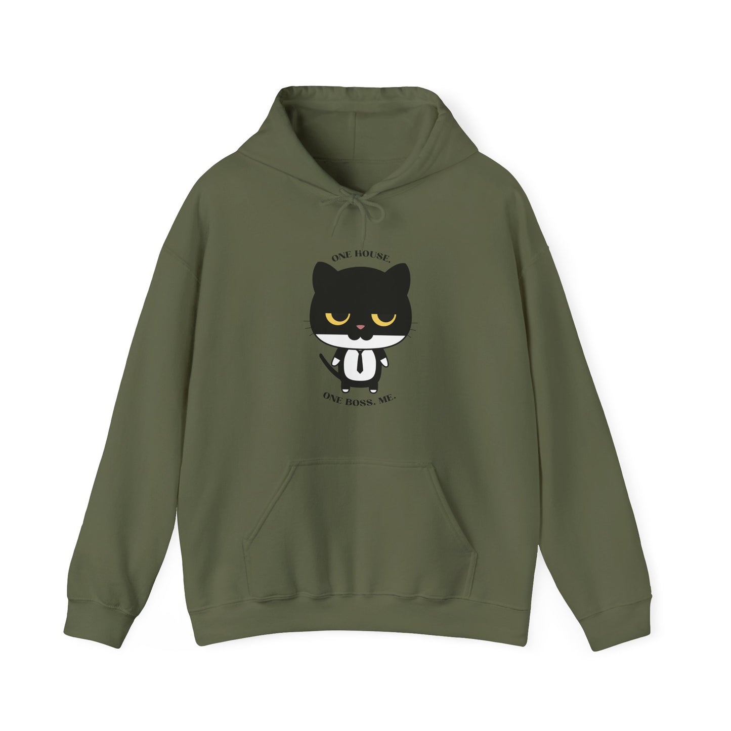 Military green color Hoodie with black cat graphic wearing a tie and one house one boss me slogan displayed flat