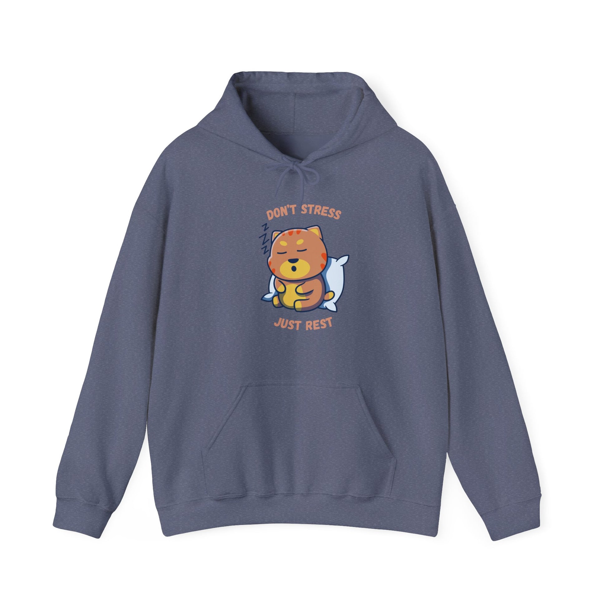 Heather Navy color Hoodie with sleepy cat graphic and don’t stress just rest slogan displayed flat