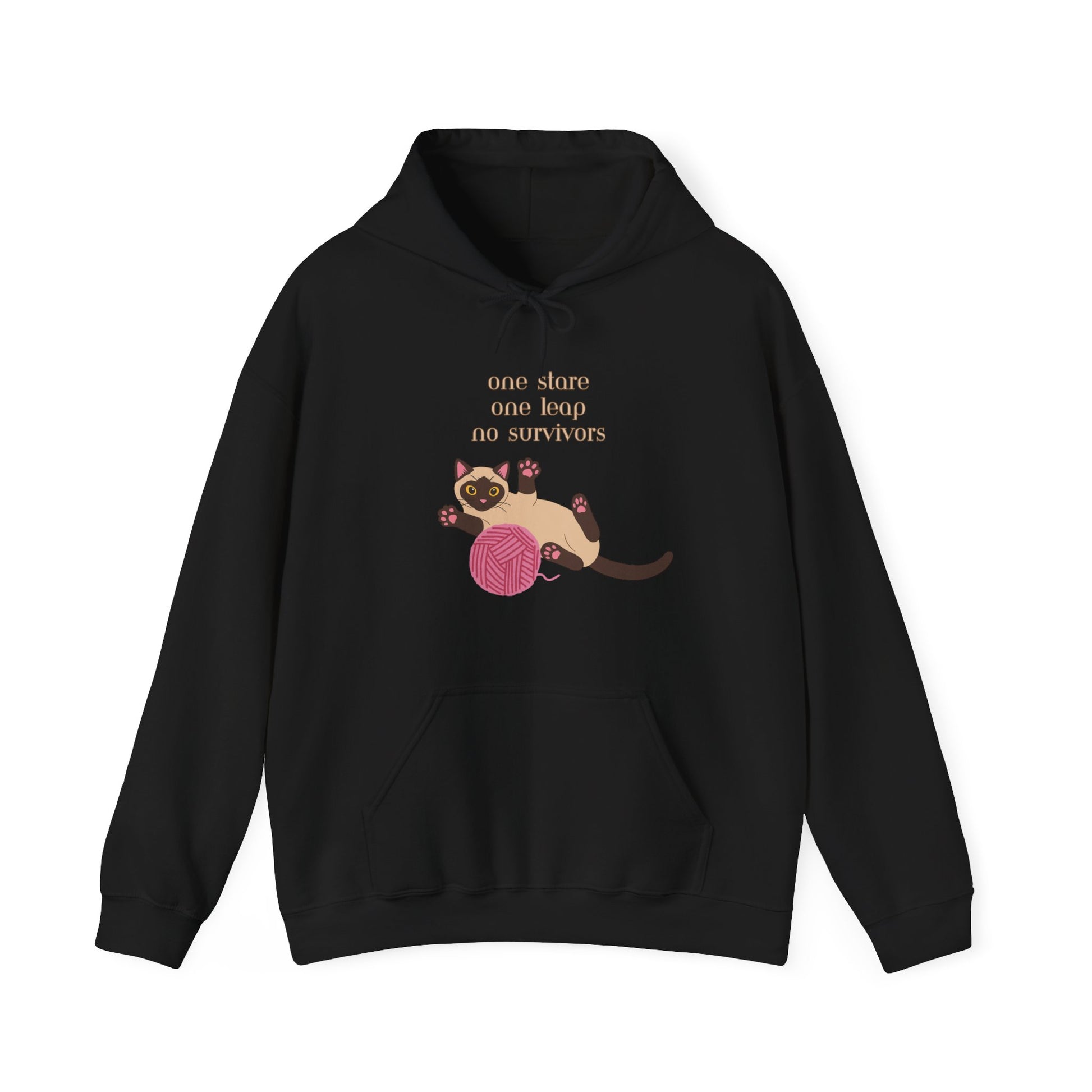 Black hoodie with Siamese cat graphic and one stare one leap no survivors slogan displayed flat