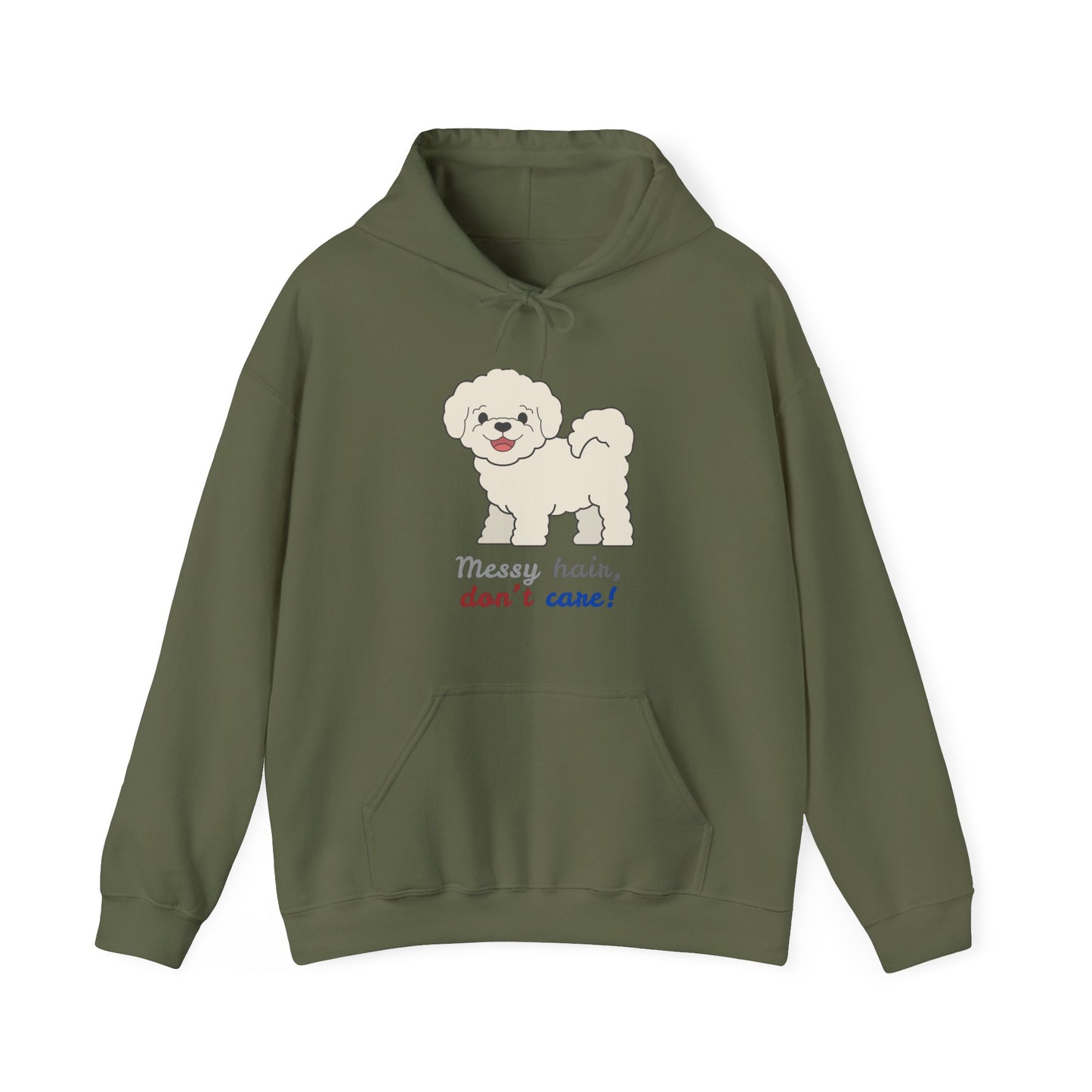 Dark Heather Color hoodie with bichon dog graphic and messy hair don’t care slogan displayed flat