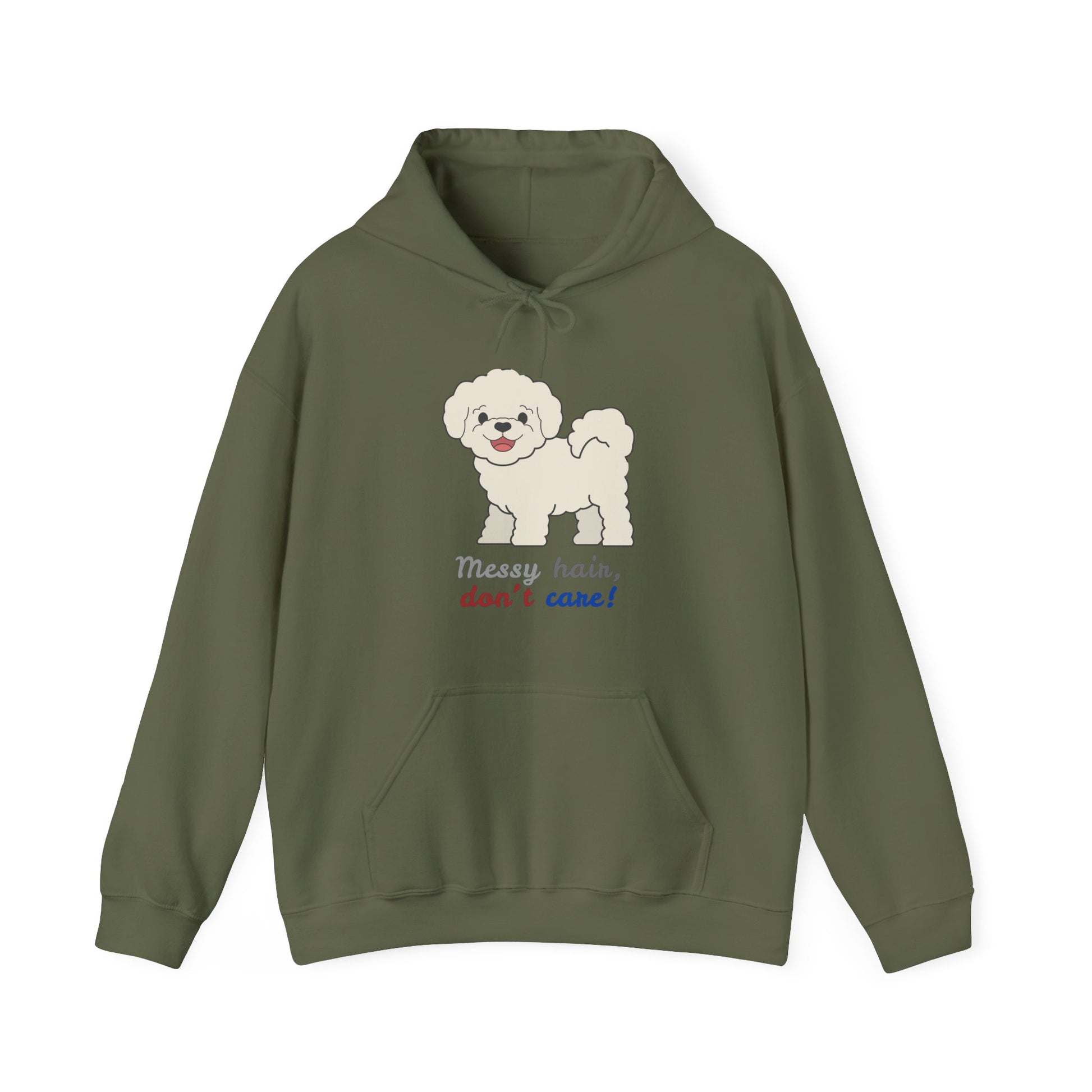 Dark Heather Color hoodie with bichon dog graphic and messy hair don’t care slogan displayed flat