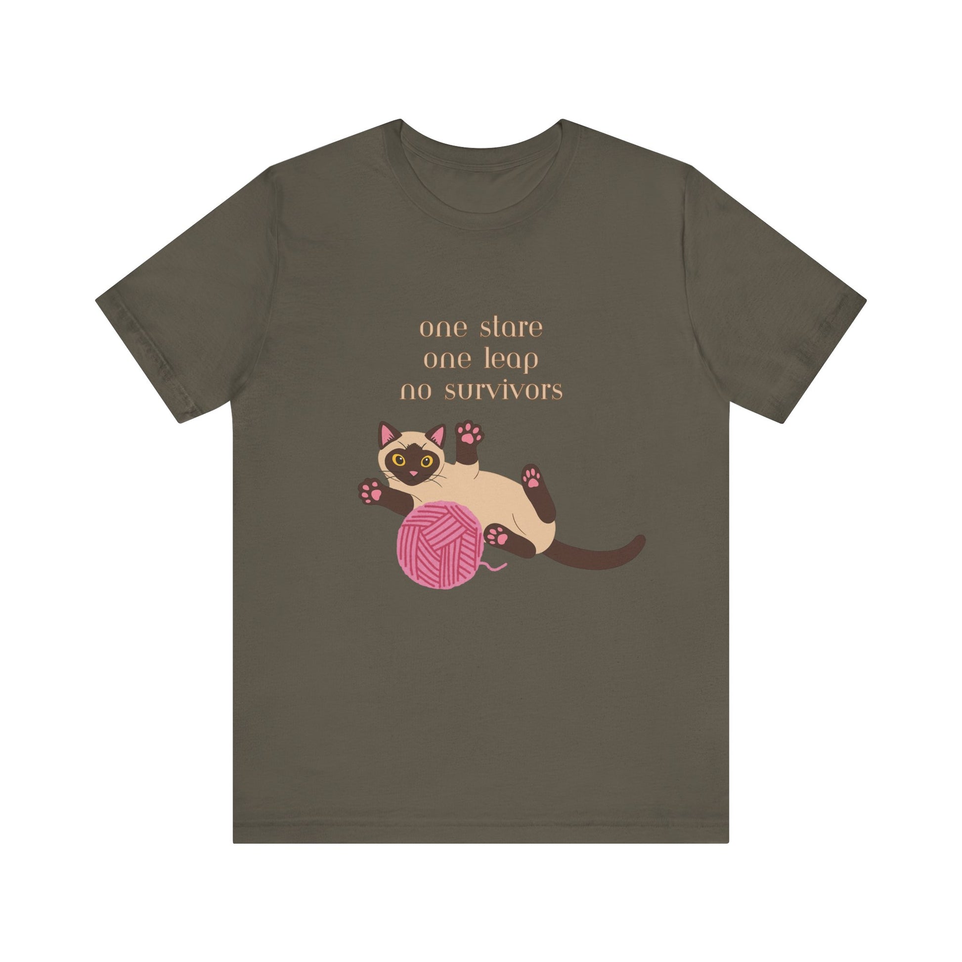 Army color t-shirt with Siamese cat graphic and one stare one leap no survivors slogan displayed flat