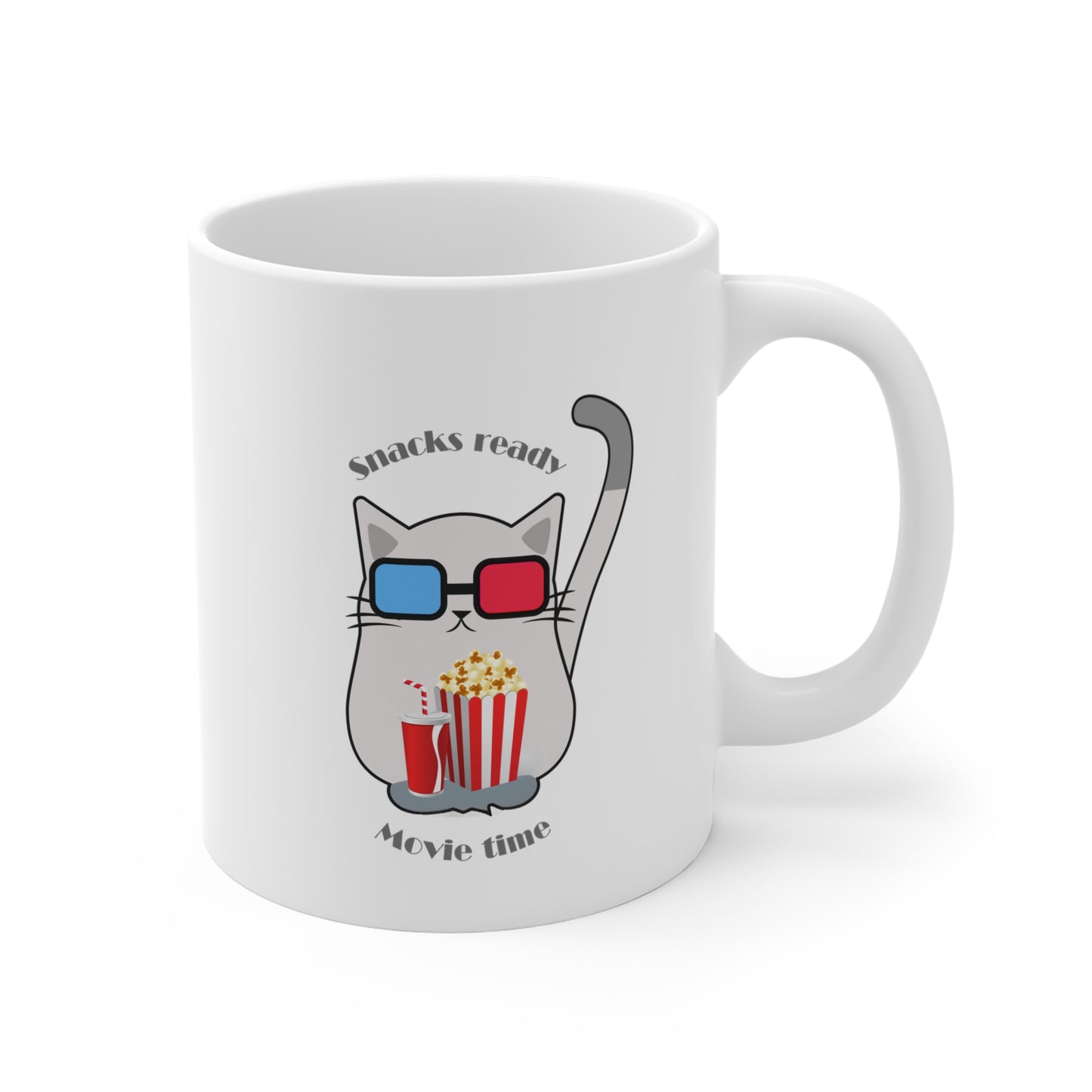 White coffee mug right side with cat wearing 3D glasses holding popcorn and drink with snacks ready movie time slogan