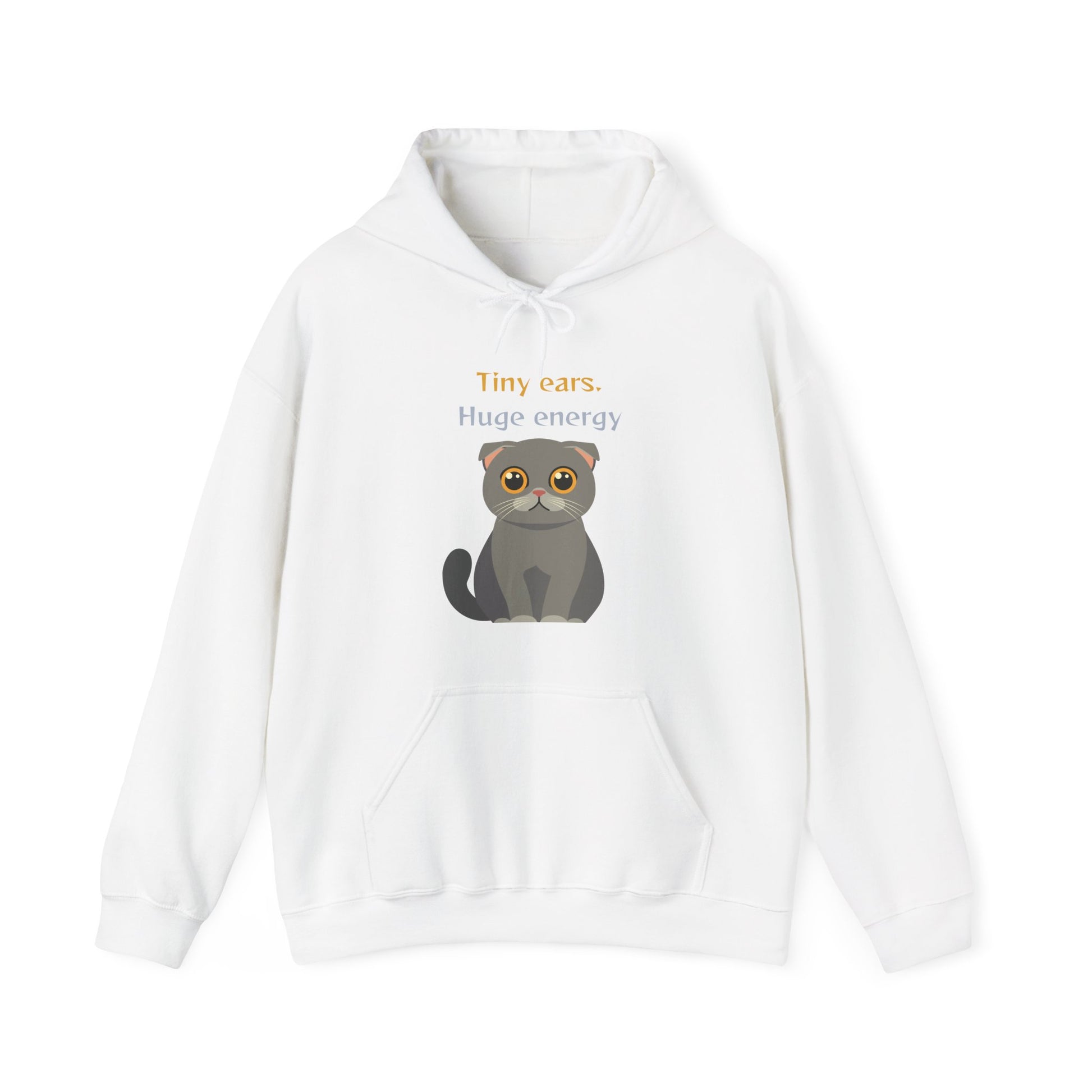White hoodie with Scottish Fold cat graphic and tiny ears huge energy slogan displayed flat