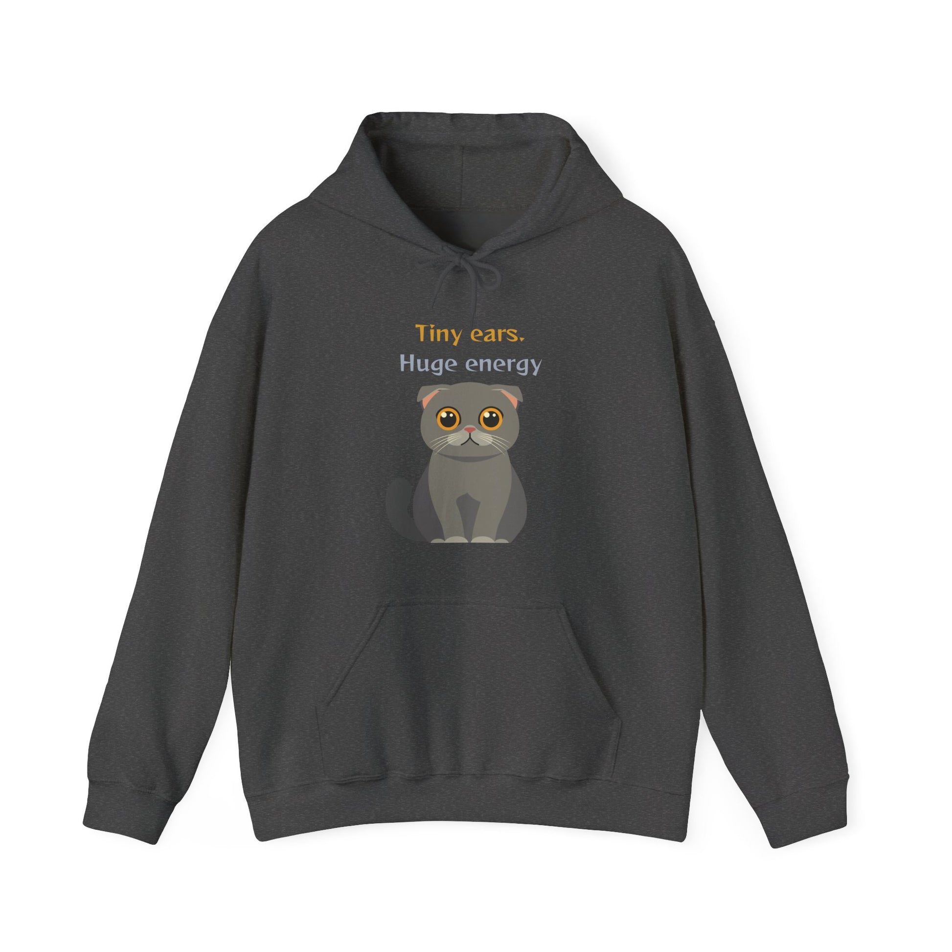 Dark Heather hoodie with Scottish Fold cat graphic and tiny ears huge energy slogan displayed flat