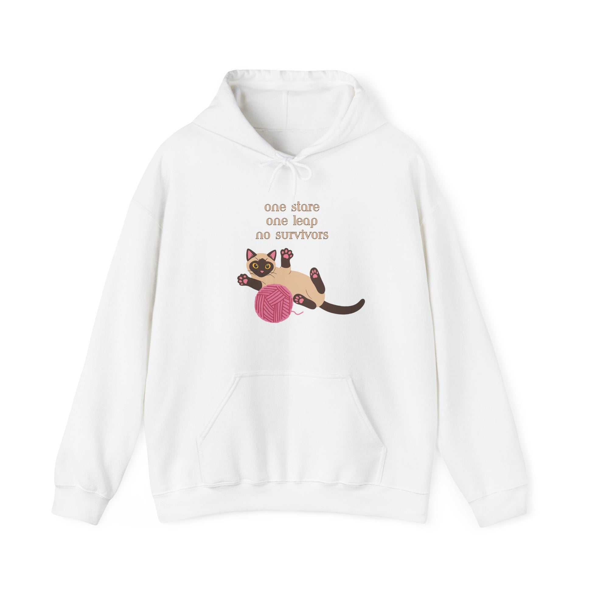 White hoodie with Siamese cat graphic and one stare one leap no survivors slogan displayed flat