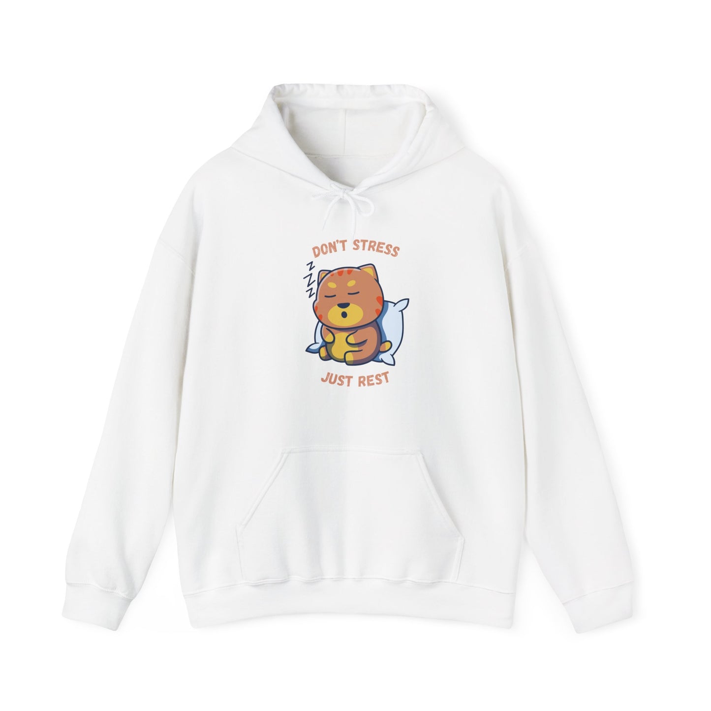 White Hoodie with sleepy cat graphic and don’t stress just rest slogan displayed flat