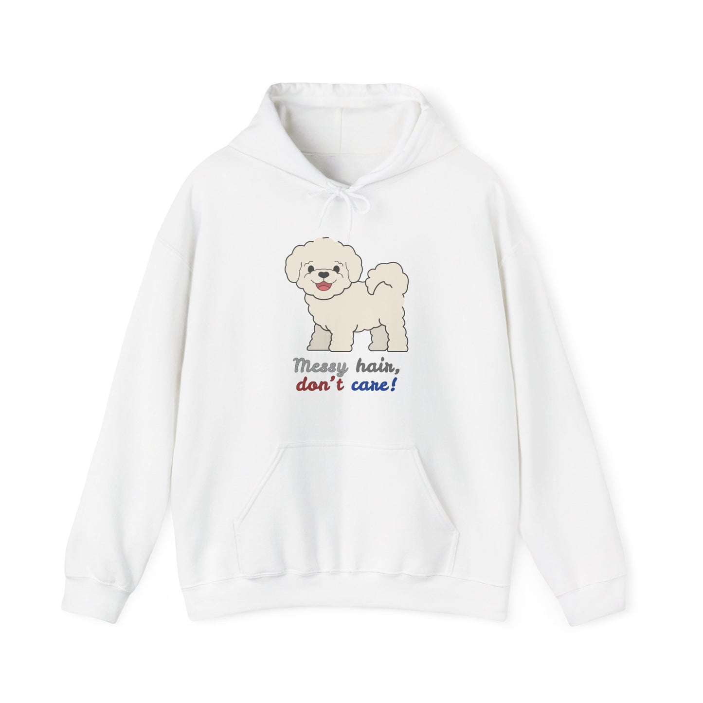White hoodie with bichon dog graphic and messy hair don’t care slogan displayed flat