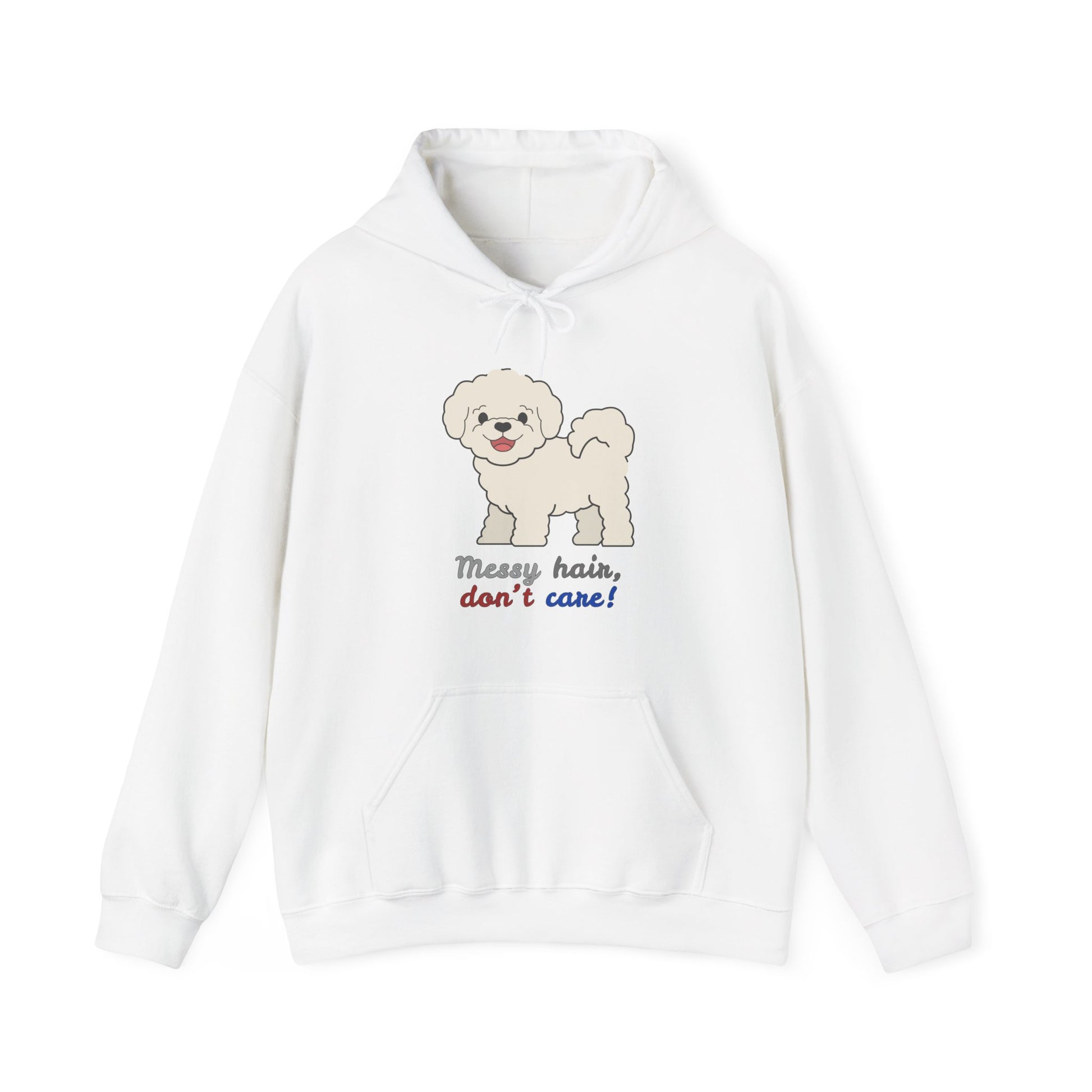White hoodie with bichon dog graphic and messy hair don’t care slogan displayed flat