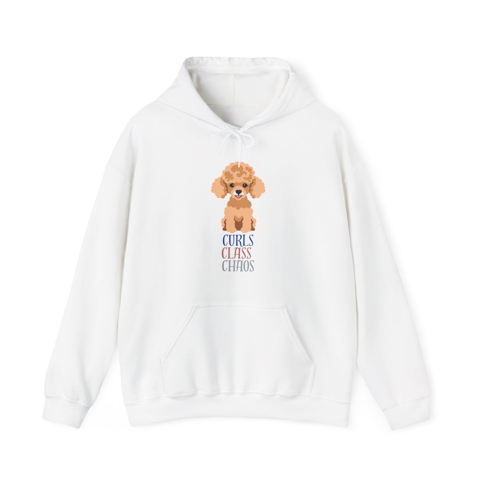 White hoodie with poodle graphic and curls class chaos slogan displayed flat