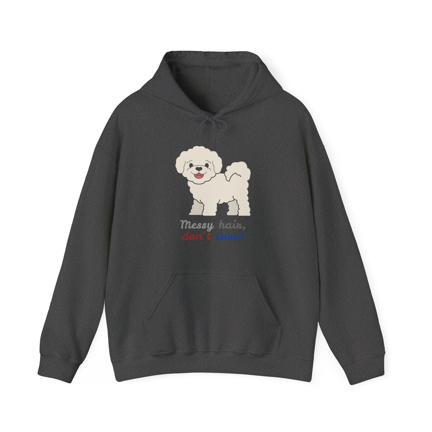 Dark Heather Color hoodie with bichon dog graphic and messy hair don’t care slogan displayed flat