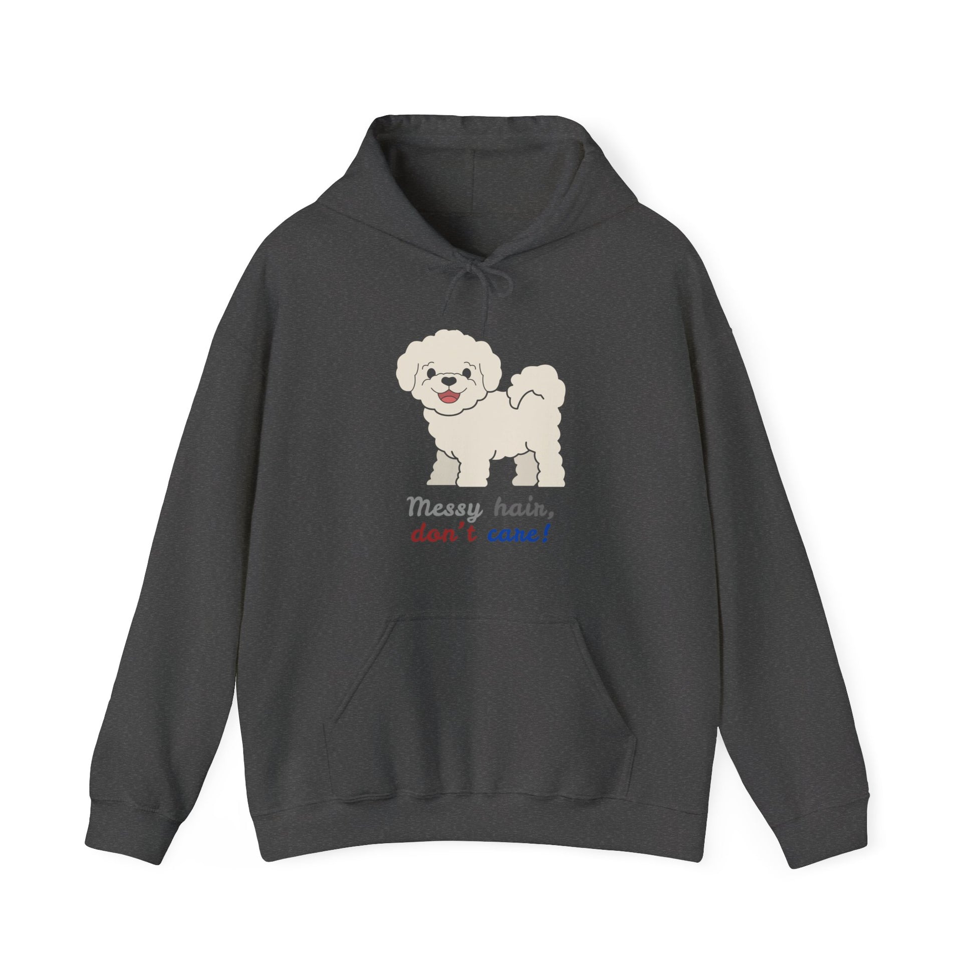 Dark Heather Color hoodie with bichon dog graphic and messy hair don’t care slogan displayed flat