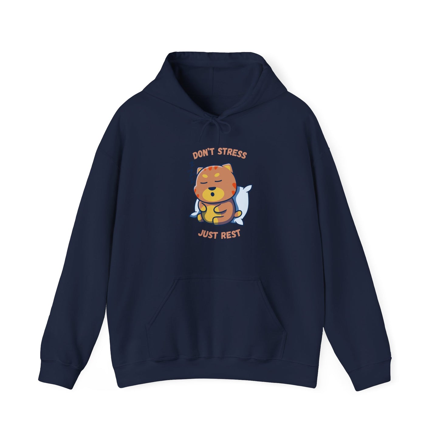 Navy color Hoodie with sleepy cat graphic and don’t stress just rest slogan displayed flat