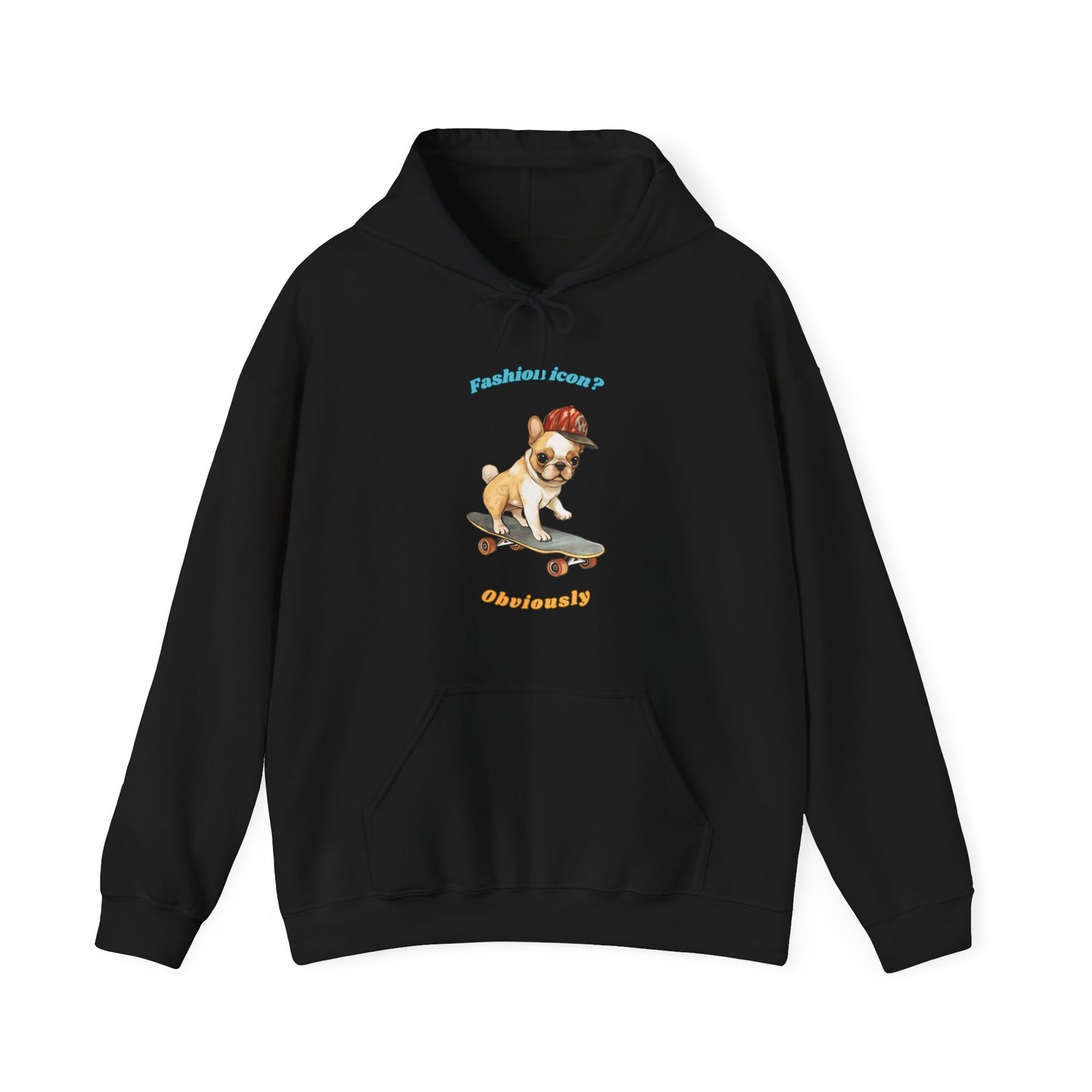 Black hoodie with French Bulldog graphic and fashion icon obviously slogan displayed flat Fashion icon? Obviously.