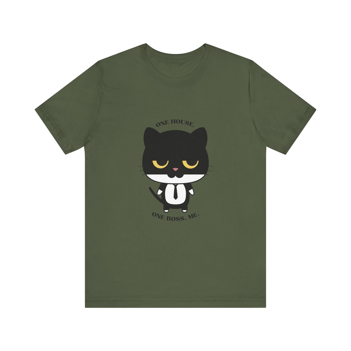 Military green color T-shirt with black cat graphic wearing a tie and one house one boss me slogan displayed flat