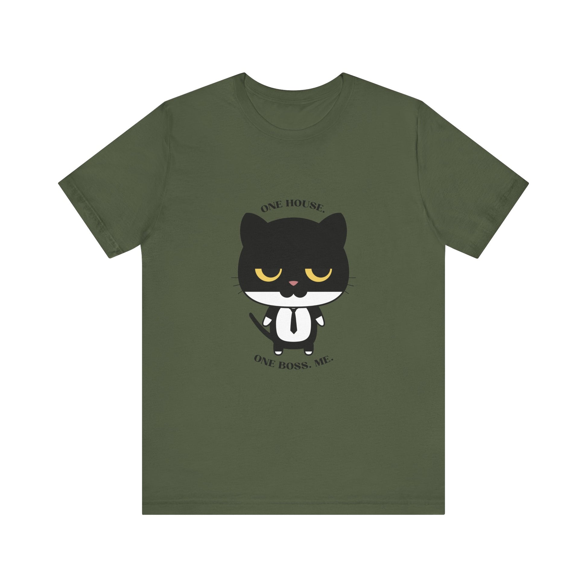 Military green color T-shirt with black cat graphic wearing a tie and one house one boss me slogan displayed flat