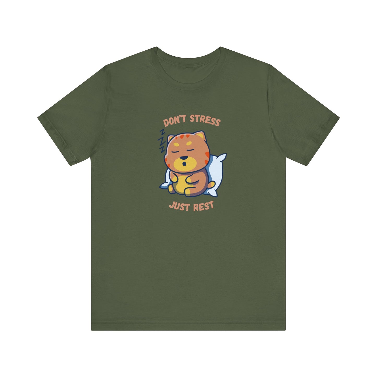 Military green t-shirt with sleepy cat graphic and don’t stress just rest slogan displayed flat