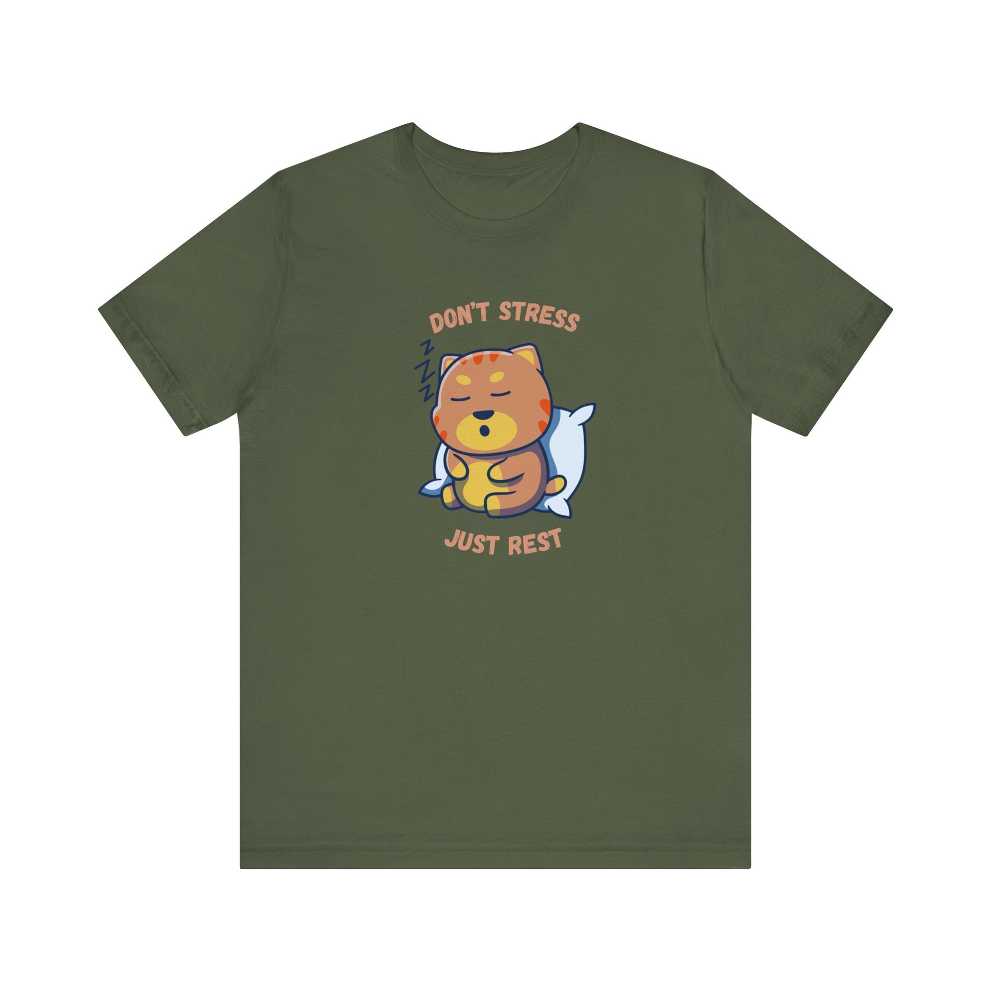 Military green t-shirt with sleepy cat graphic and don’t stress just rest slogan displayed flat