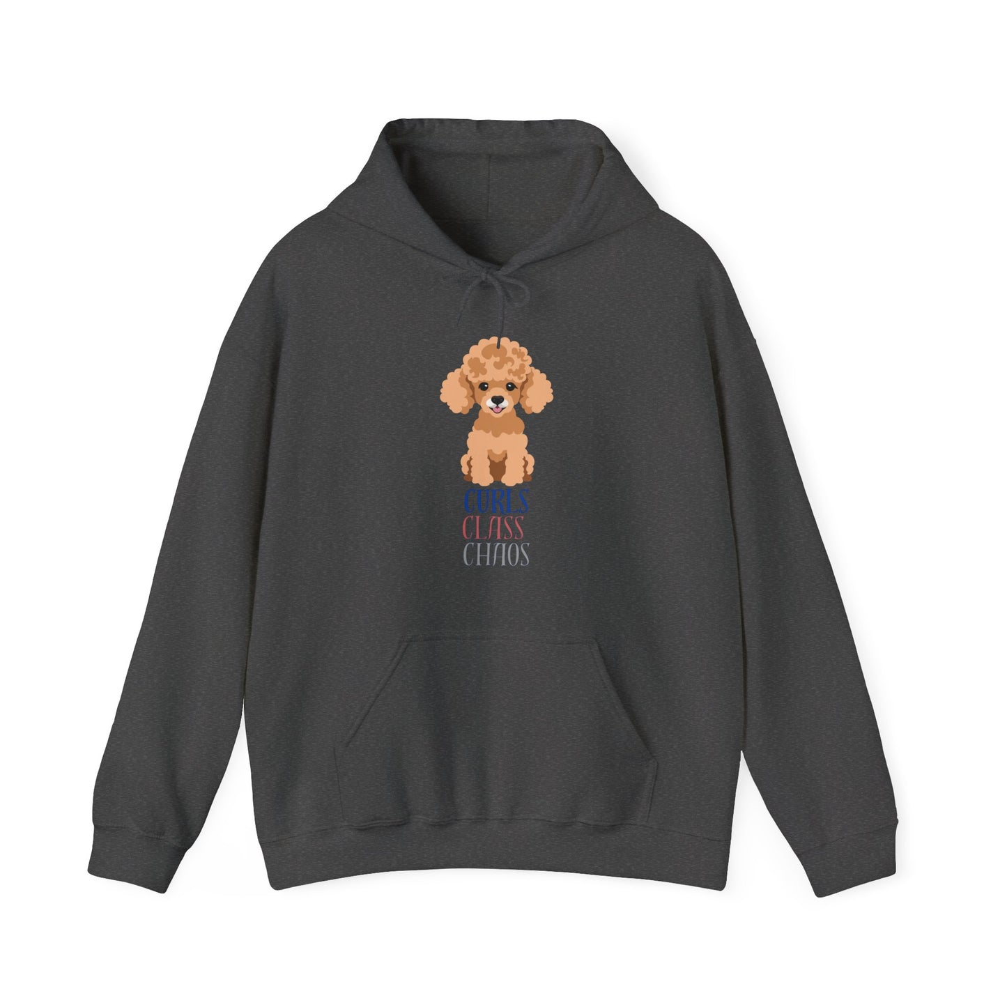 Dark Heather hoodie with poodle graphic and curls class chaos slogan displayed flat