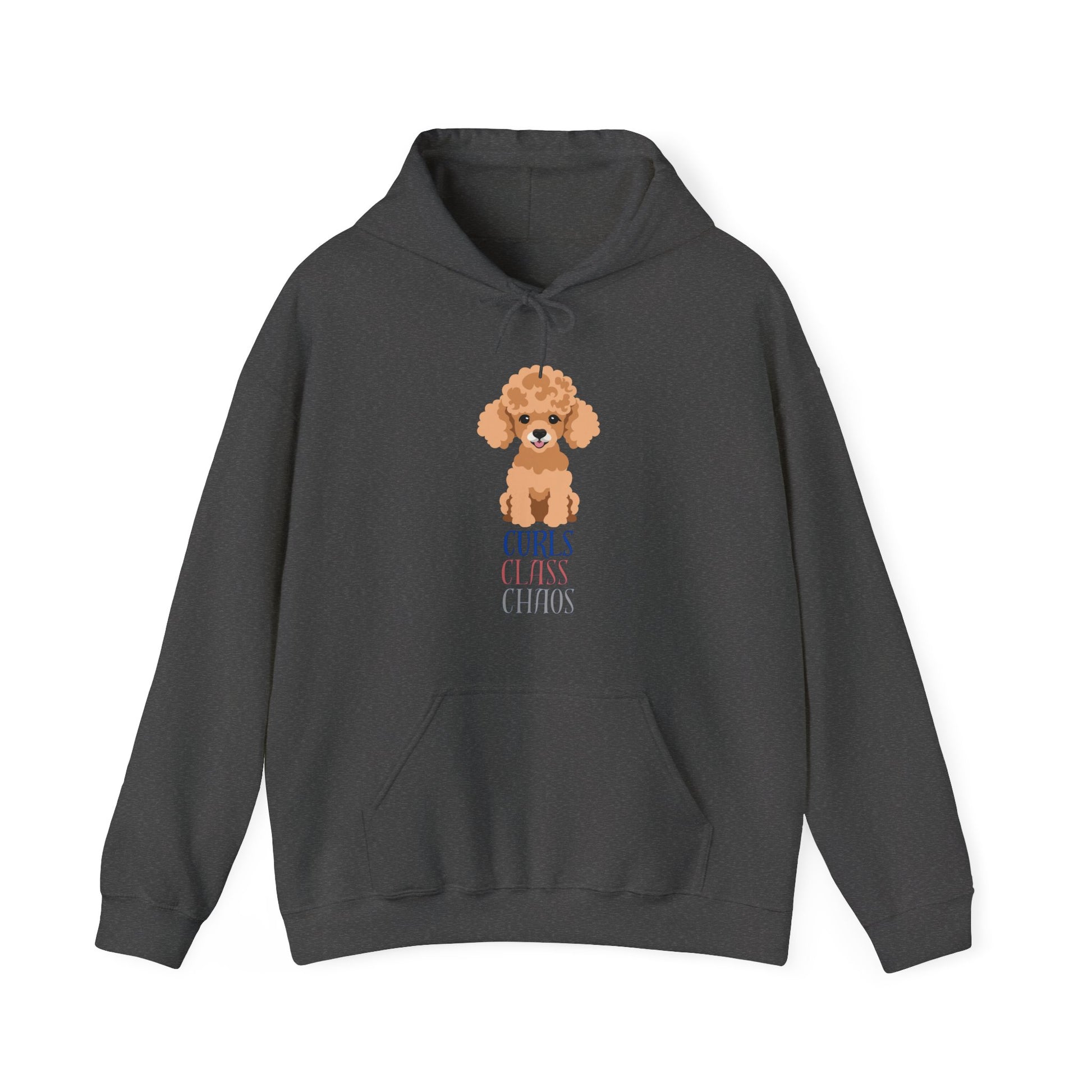 Dark Heather hoodie with poodle graphic and curls class chaos slogan displayed flat