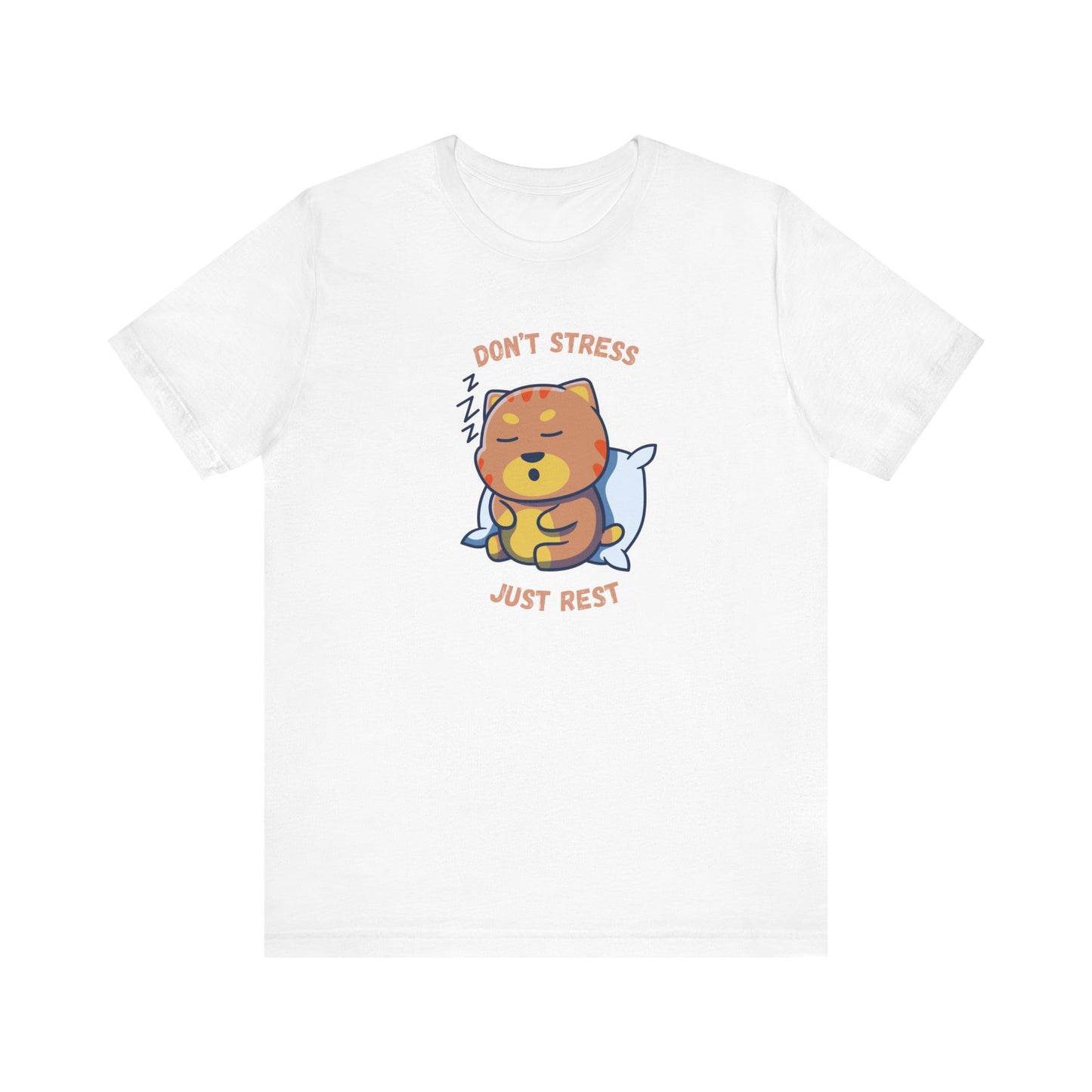 White t-shirt with sleepy cat graphic and don’t stress just rest slogan displayed flat