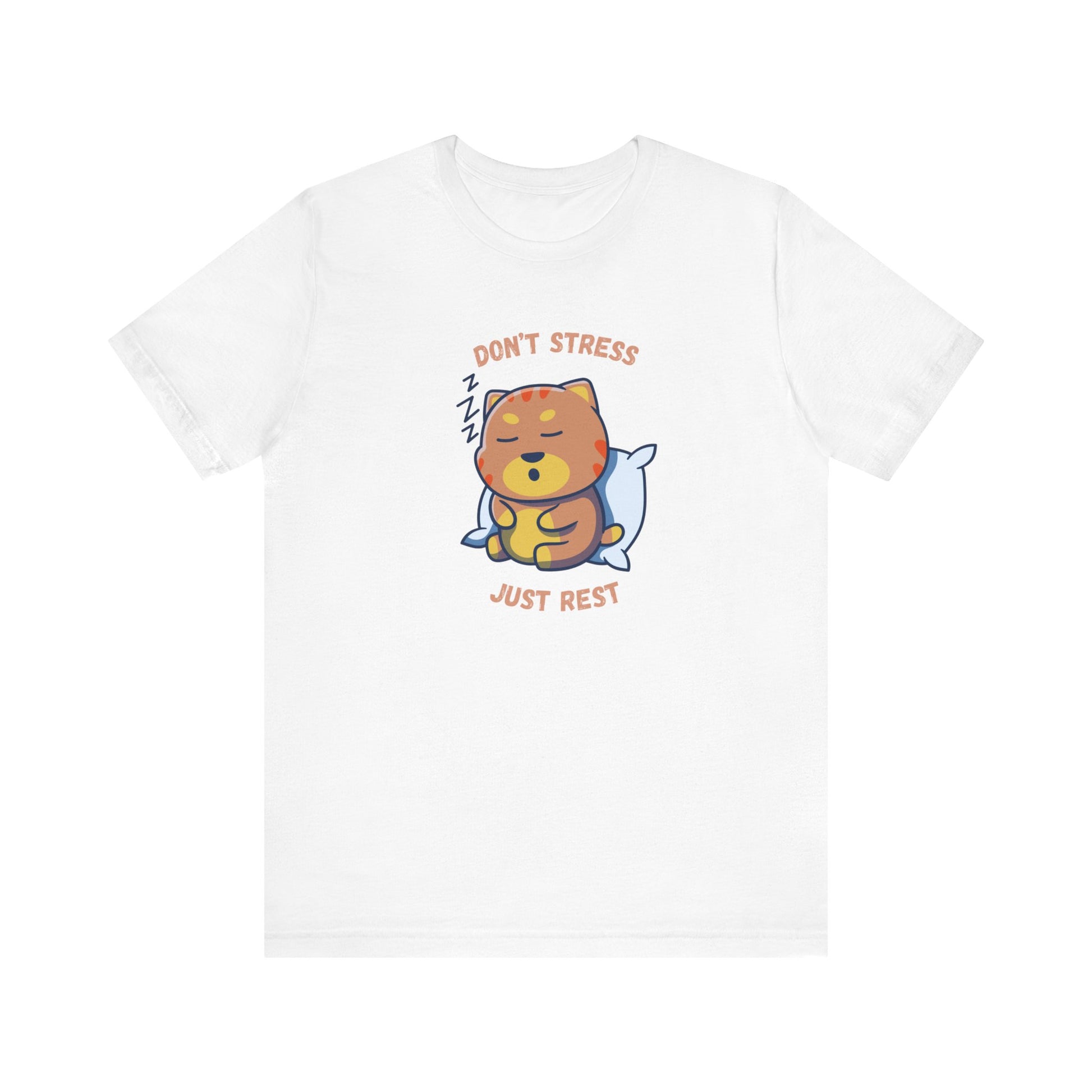 White t-shirt with sleepy cat graphic and don’t stress just rest slogan displayed flat
