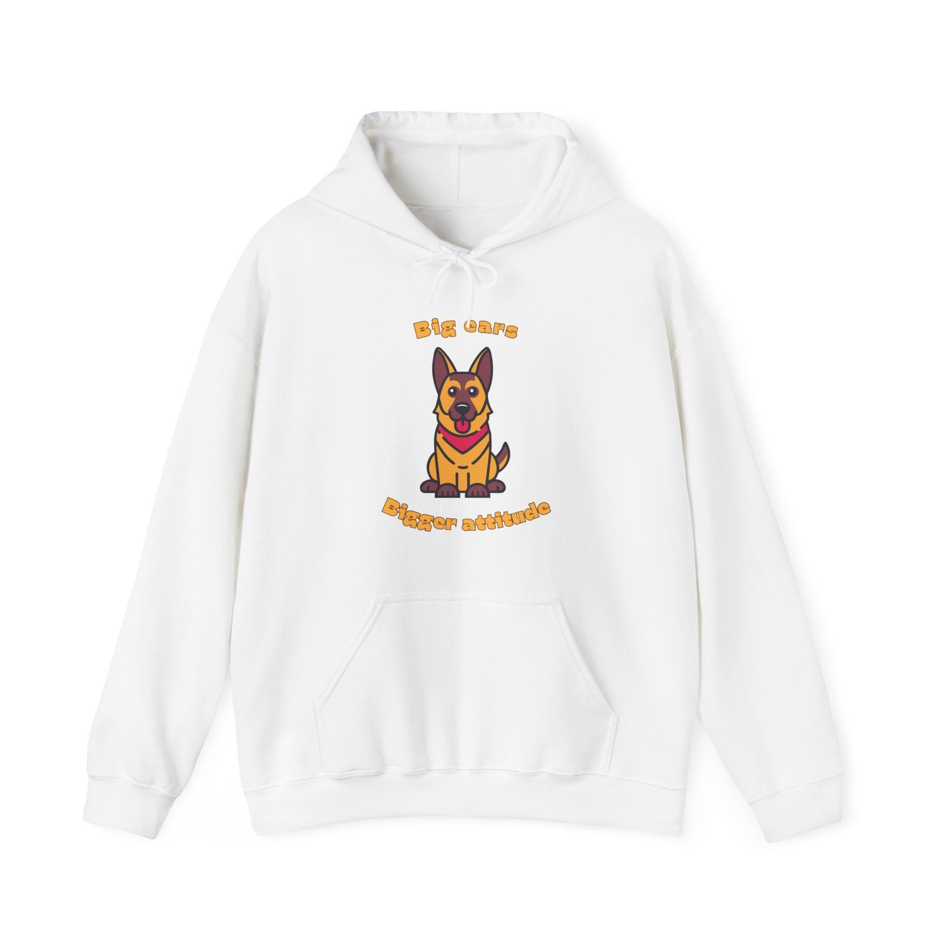 White hoodie with German Shepherd graphic and big ears bigger attitude slogan displayed flat