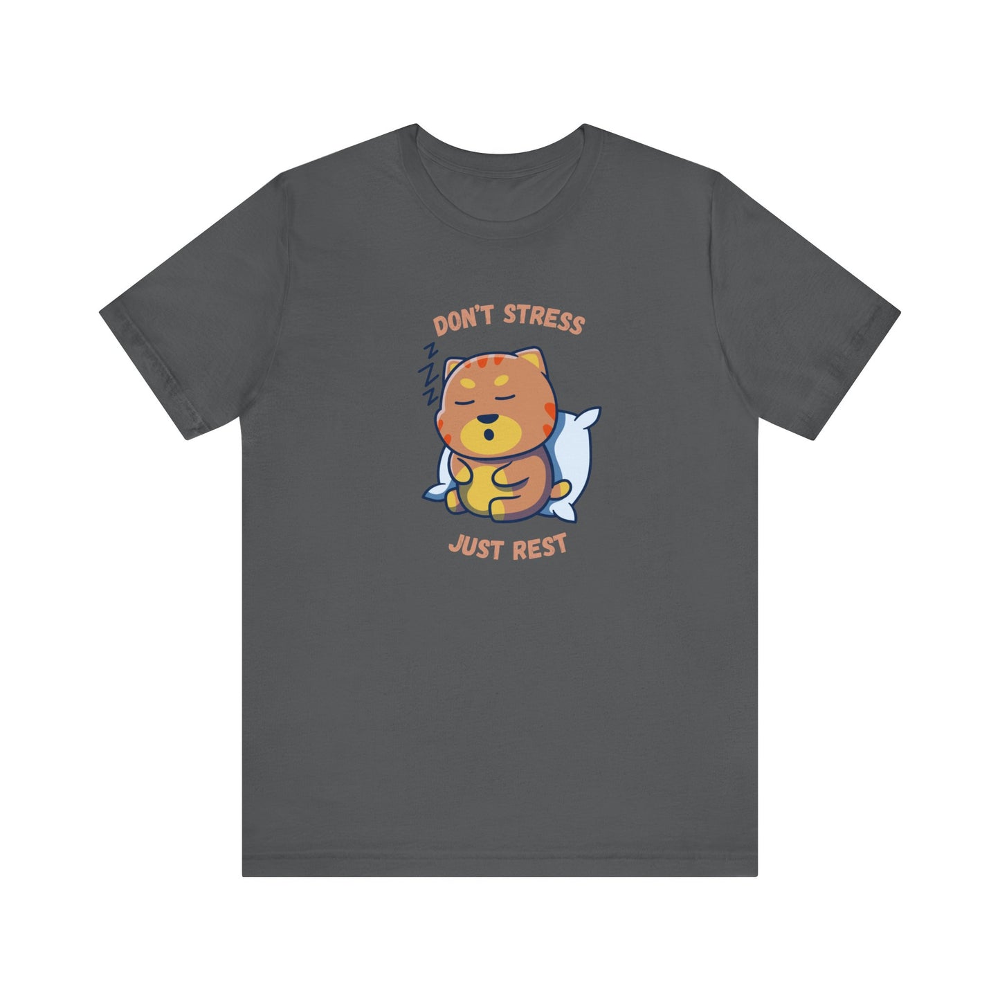 Asphalt color t-shirt with sleepy cat graphic and don’t stress just rest slogan displayed flat