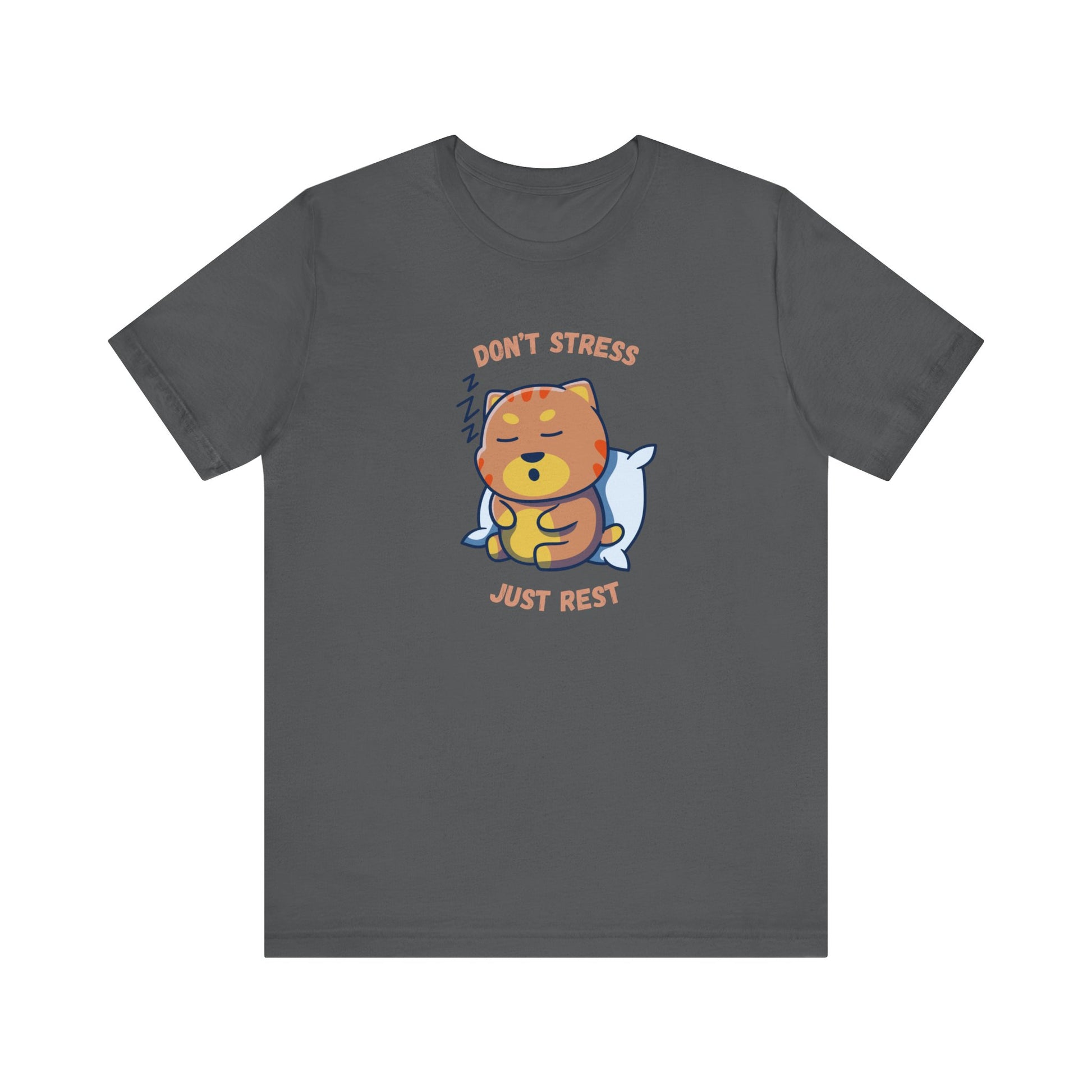 Asphalt color t-shirt with sleepy cat graphic and don’t stress just rest slogan displayed flat
