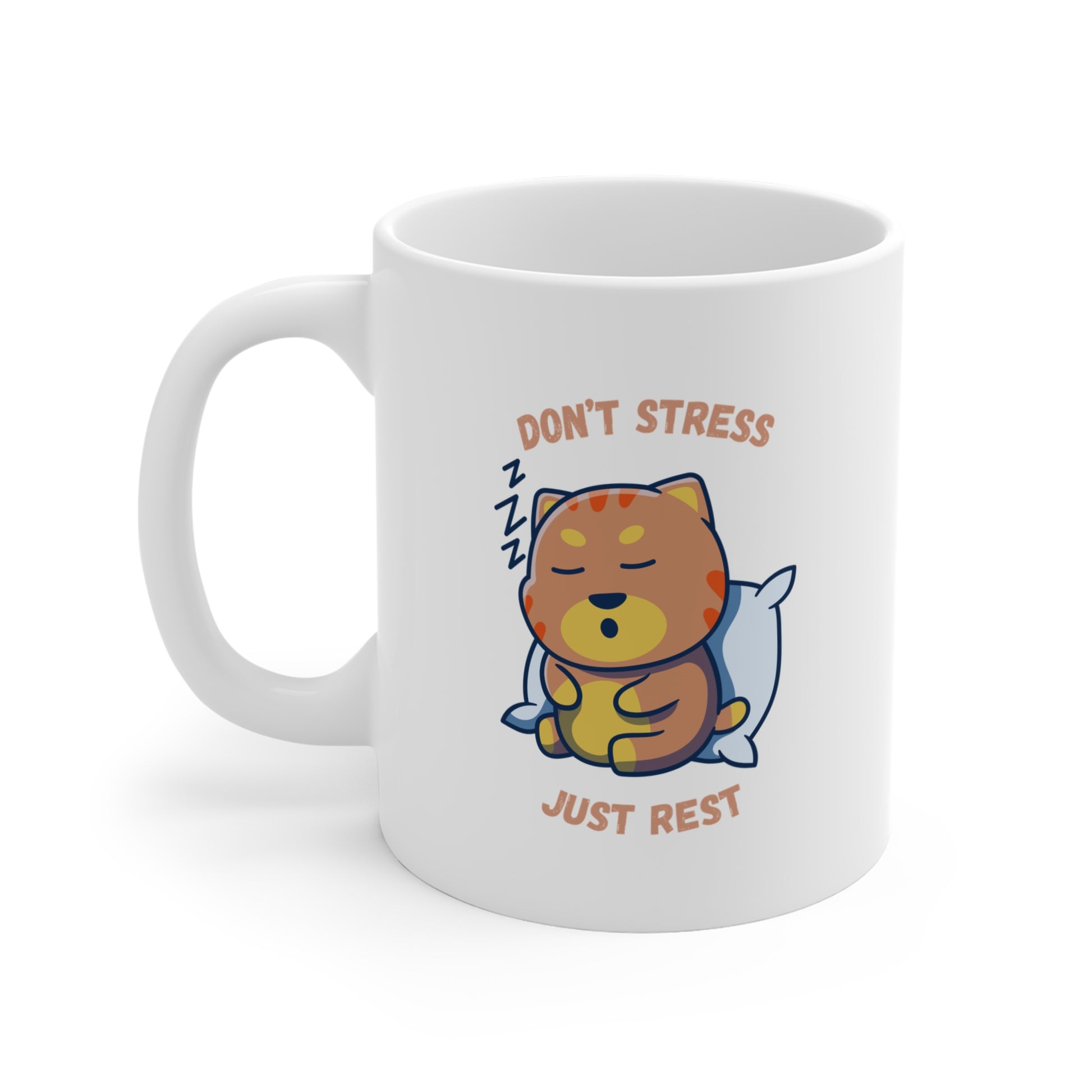 White coffee mug with sleepy cat graphic and don’t stress just rest slogan left side