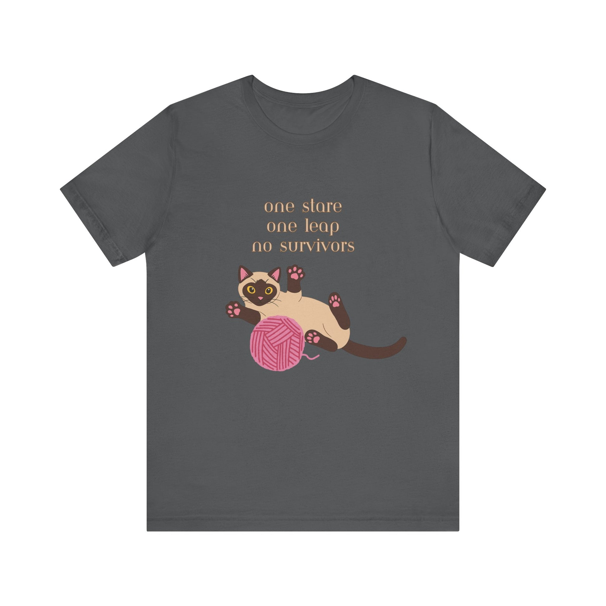 Asphalt color t-shirt with Siamese cat graphic and one stare one leap no survivors slogan displayed flat