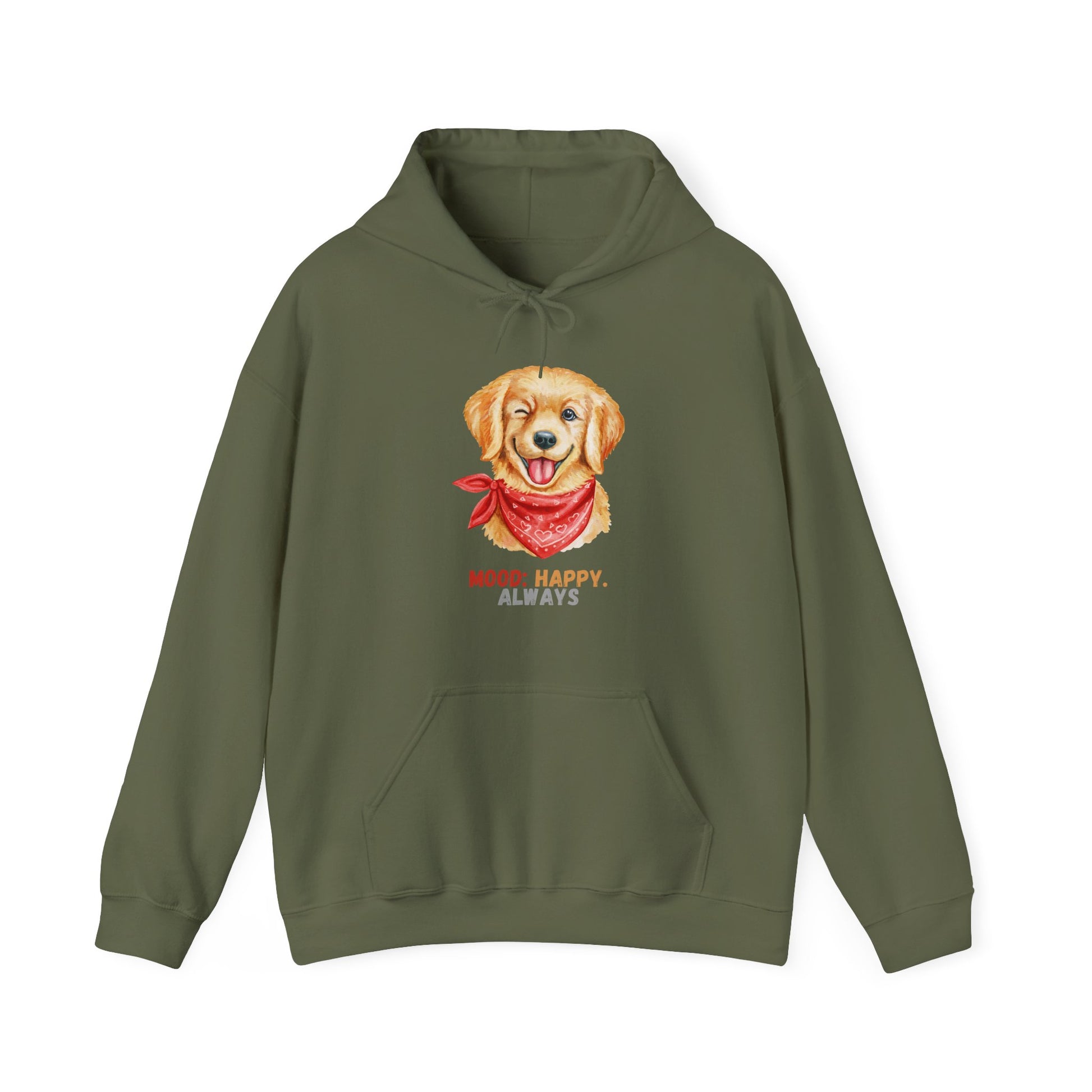 Military Green hoodie with labrador retriever graphic and mood happy always slogan displayed flat