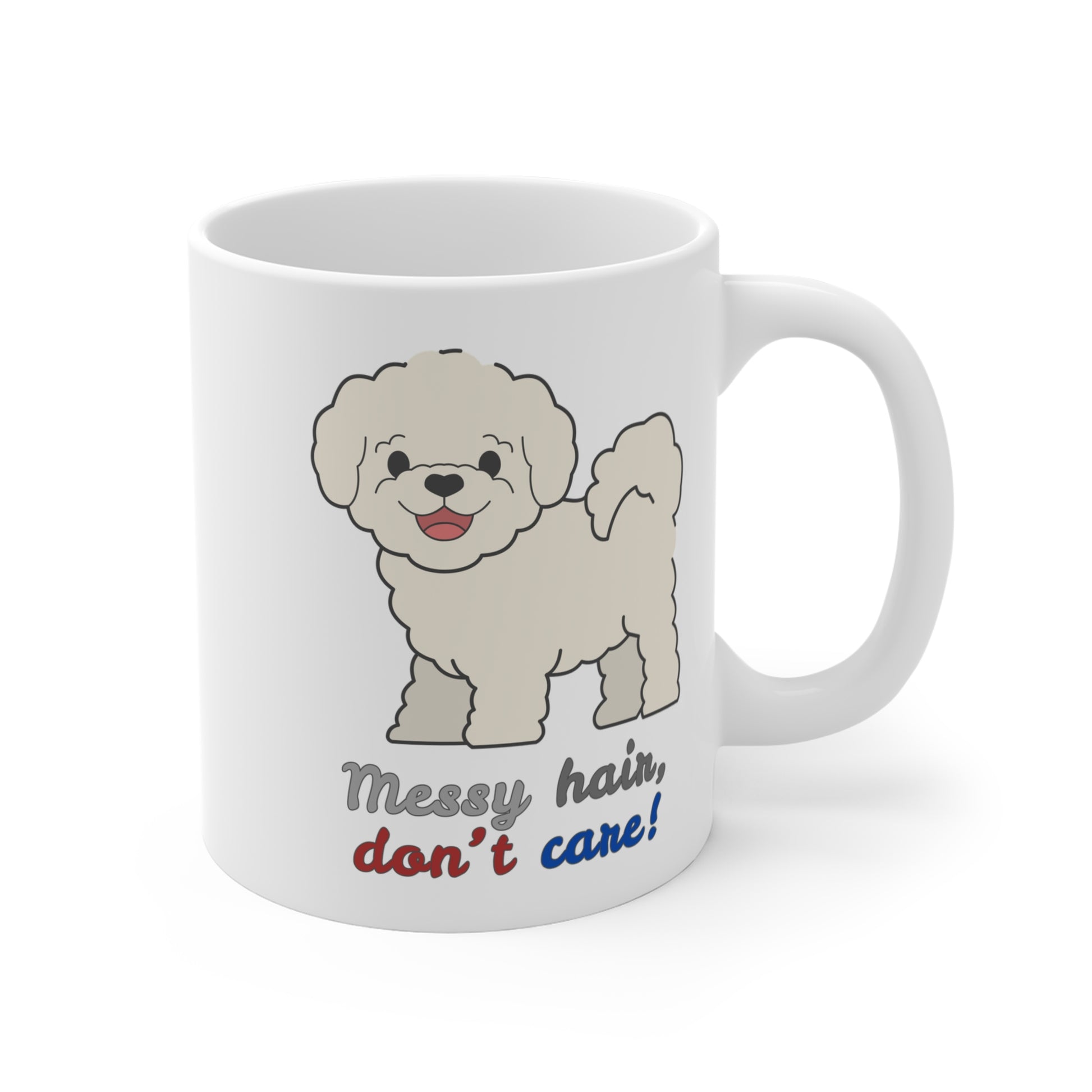 White coffee mug with bichon dog graphic and messy hair don’t care slogan shown from right side