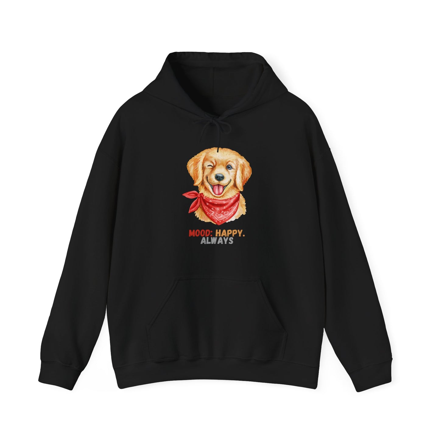 Black hoodie with labrador retriever graphic and mood happy always slogan displayed flat