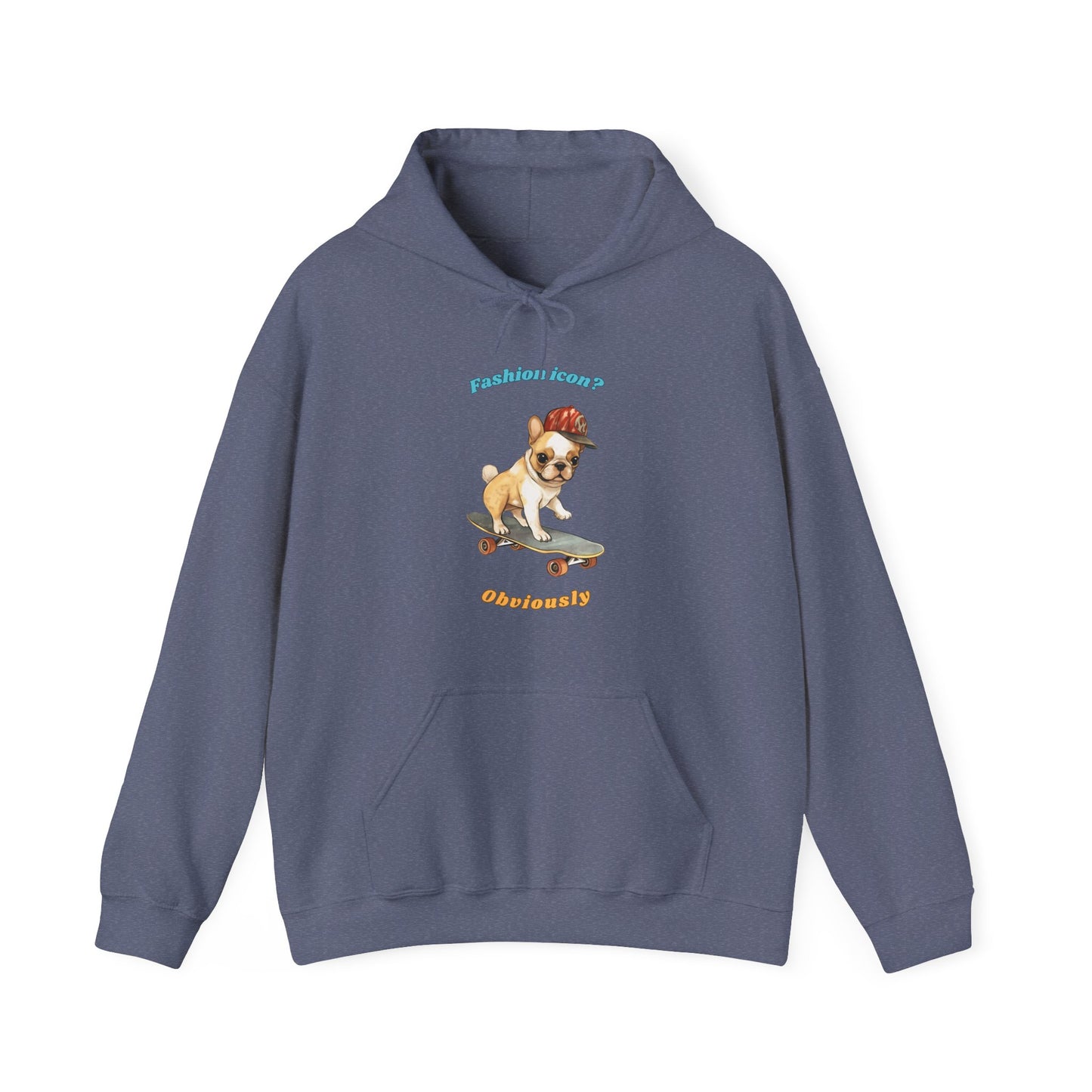 Heather Navy hoodie with French Bulldog graphic and fashion icon obviously slogan displayed flat Fashion icon? Obviously.