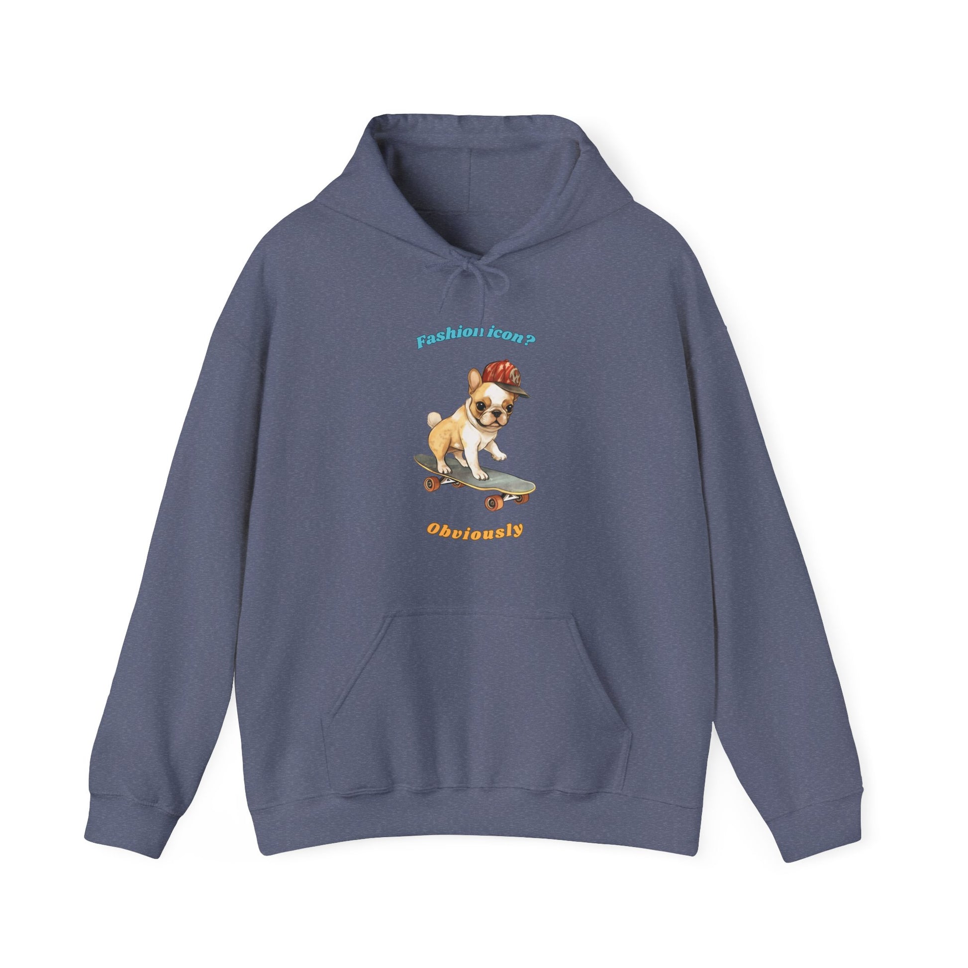 Heather Navy hoodie with French Bulldog graphic and fashion icon obviously slogan displayed flat Fashion icon? Obviously.