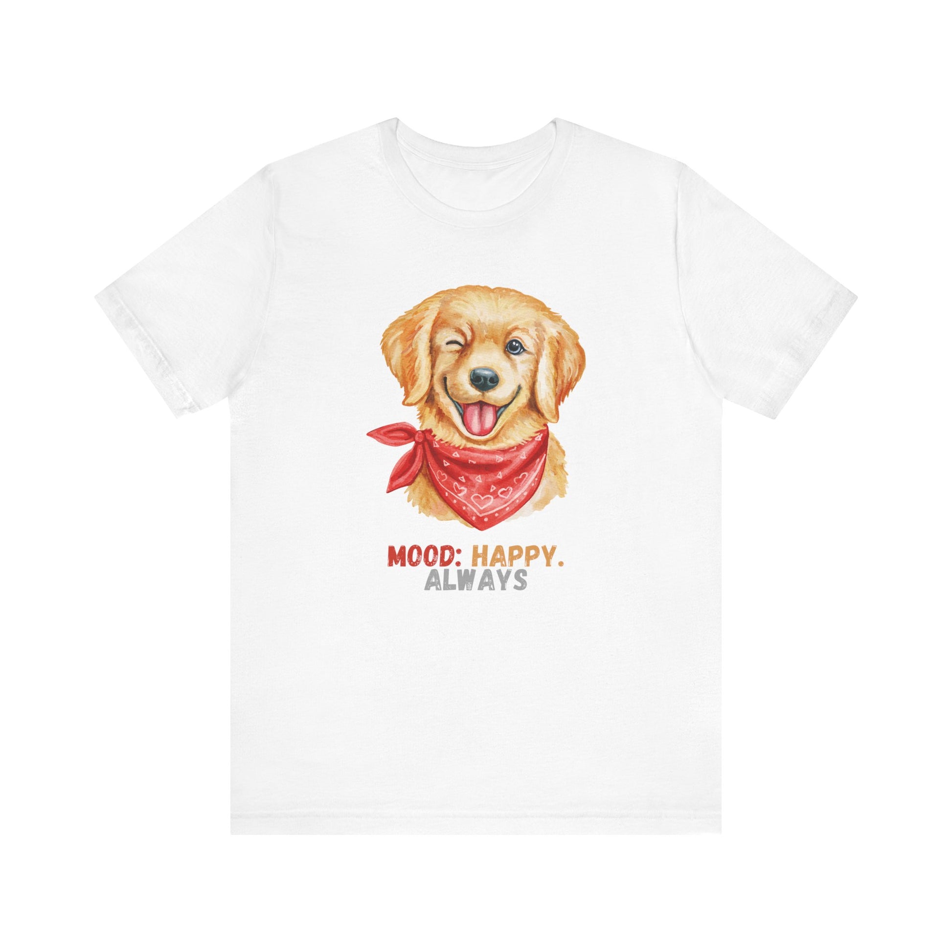 White t shirt with labrador retriever graphic and mood happy always slogan displayed flat