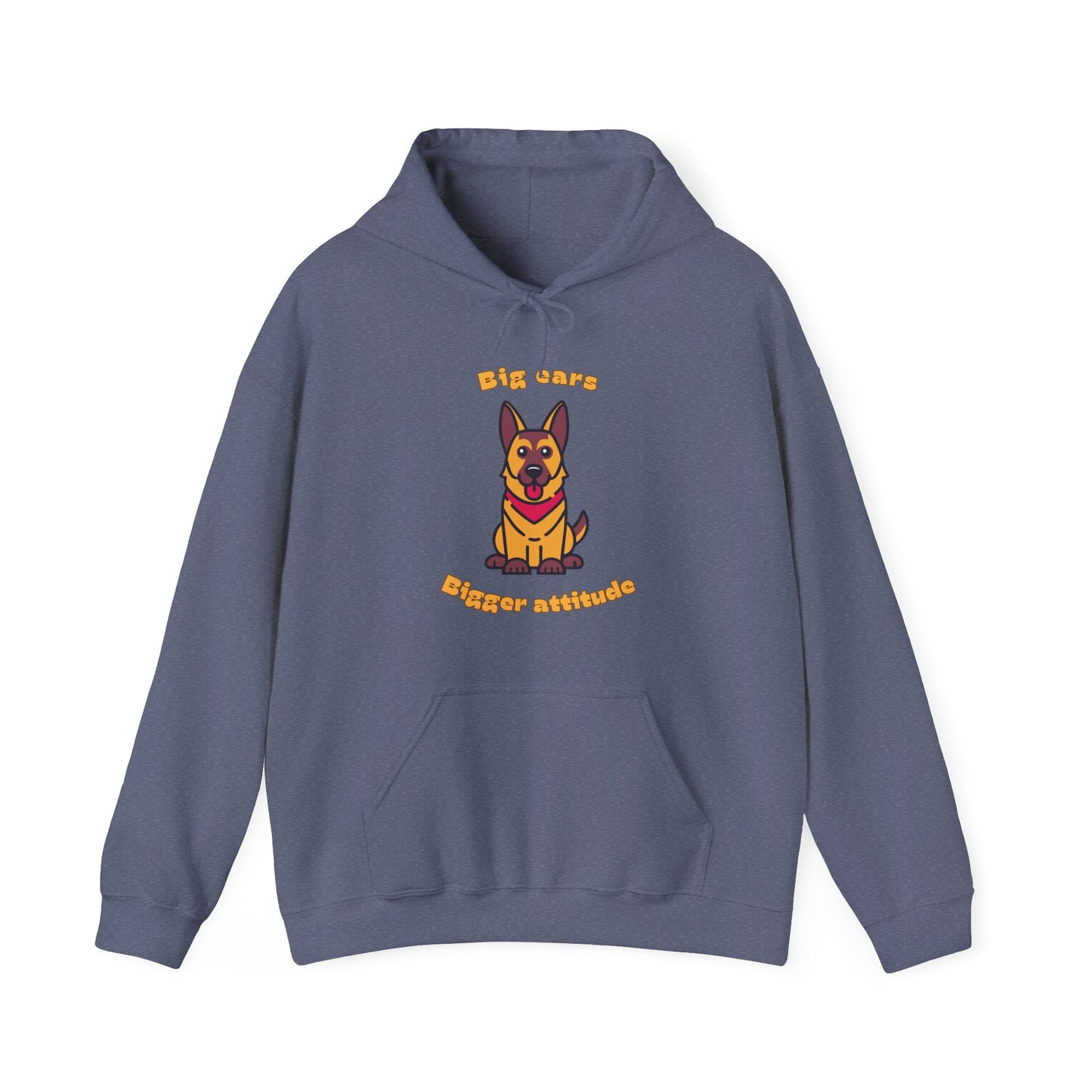 Heather Navy hoodie with German Shepherd graphic and big ears bigger attitude slogan displayed flat