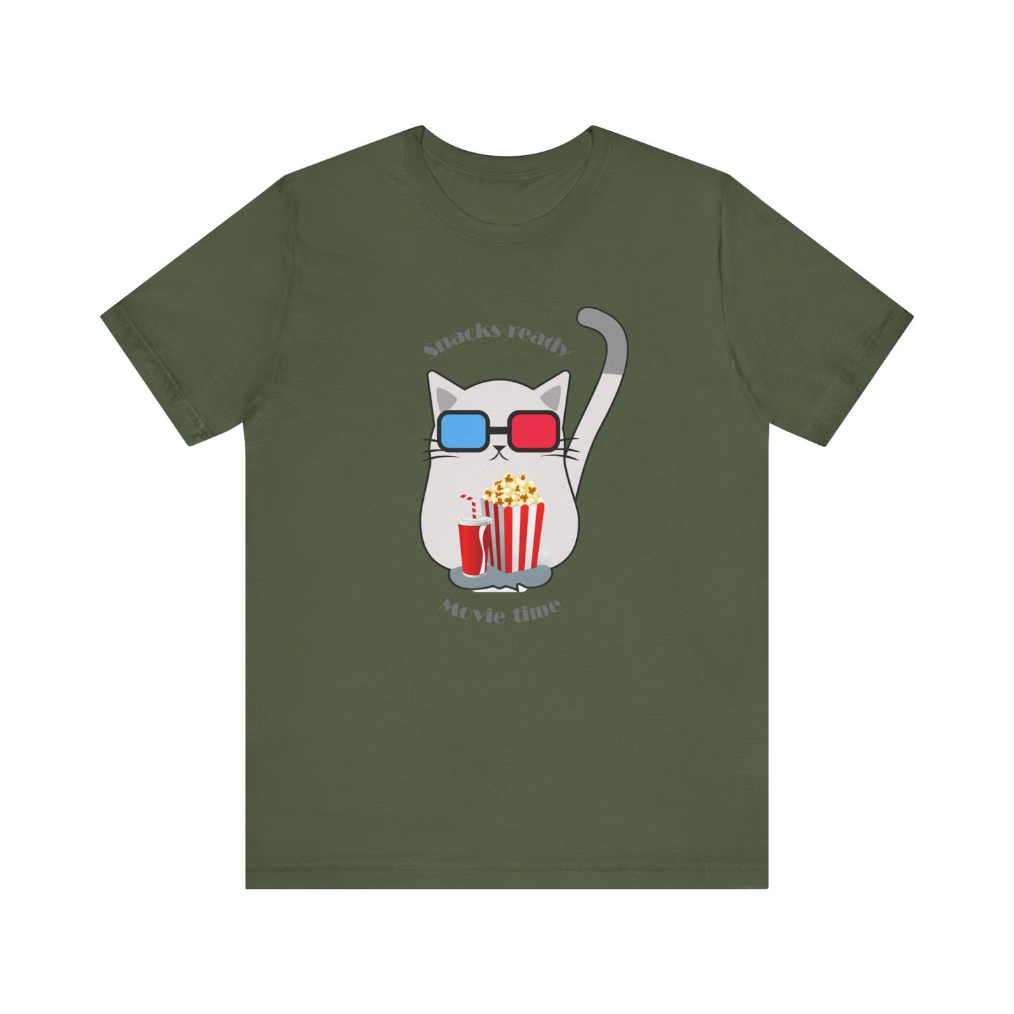 Military Green  t-shirt with cat wearing 3D glasses and snacks ready movie time slogan displayed flat