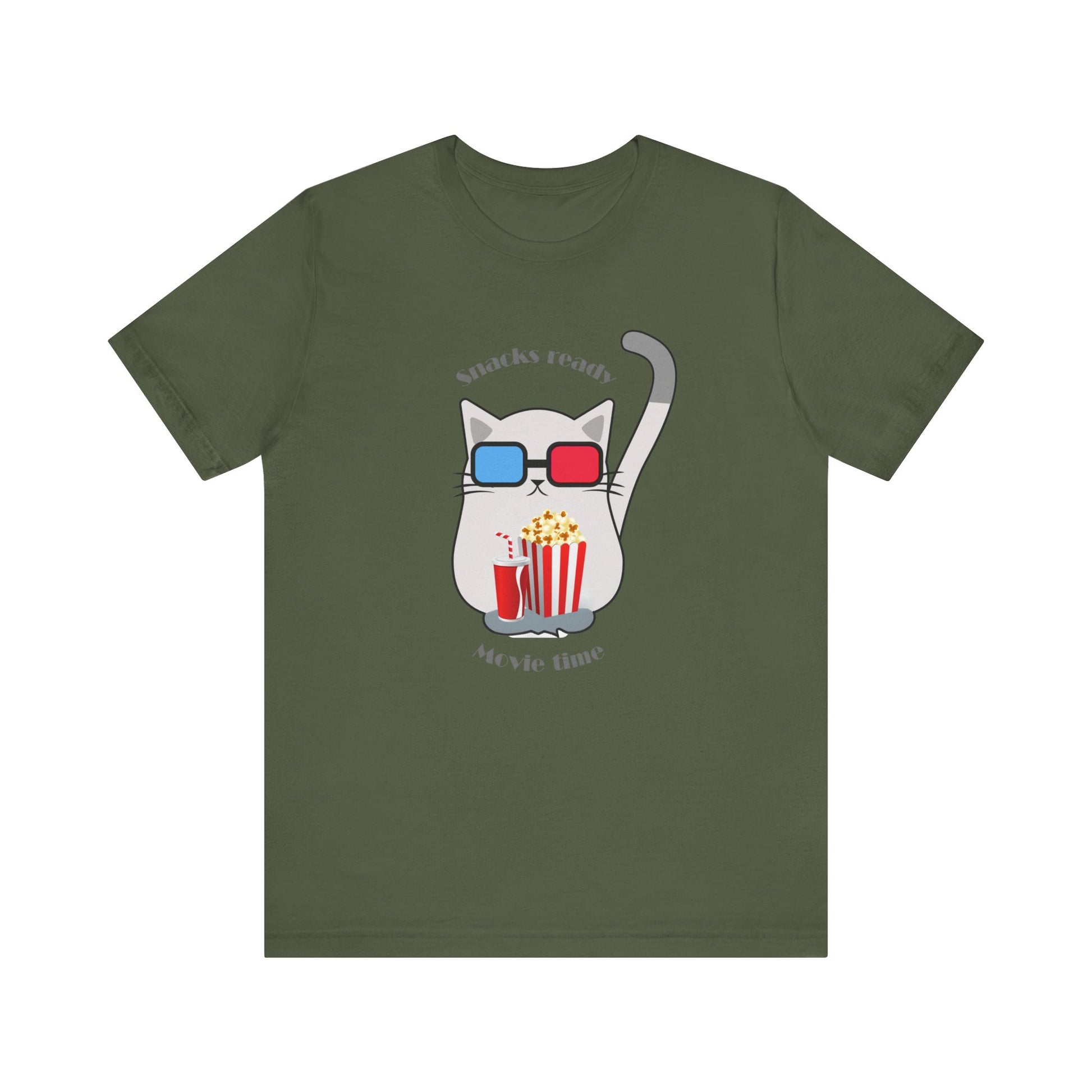 Military Green  t-shirt with cat wearing 3D glasses and snacks ready movie time slogan displayed flat