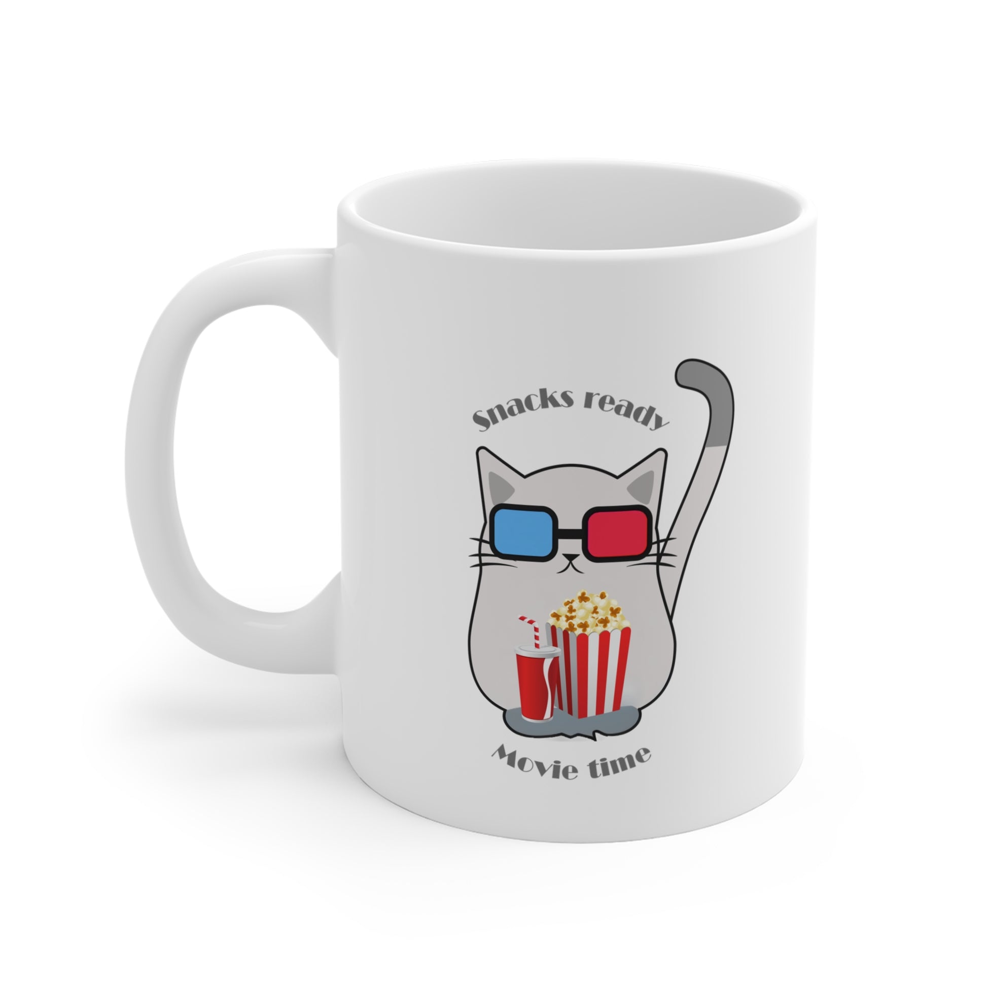 White coffee mug left side with cat wearing 3D glasses holding popcorn and drink with snacks ready movie time slogan