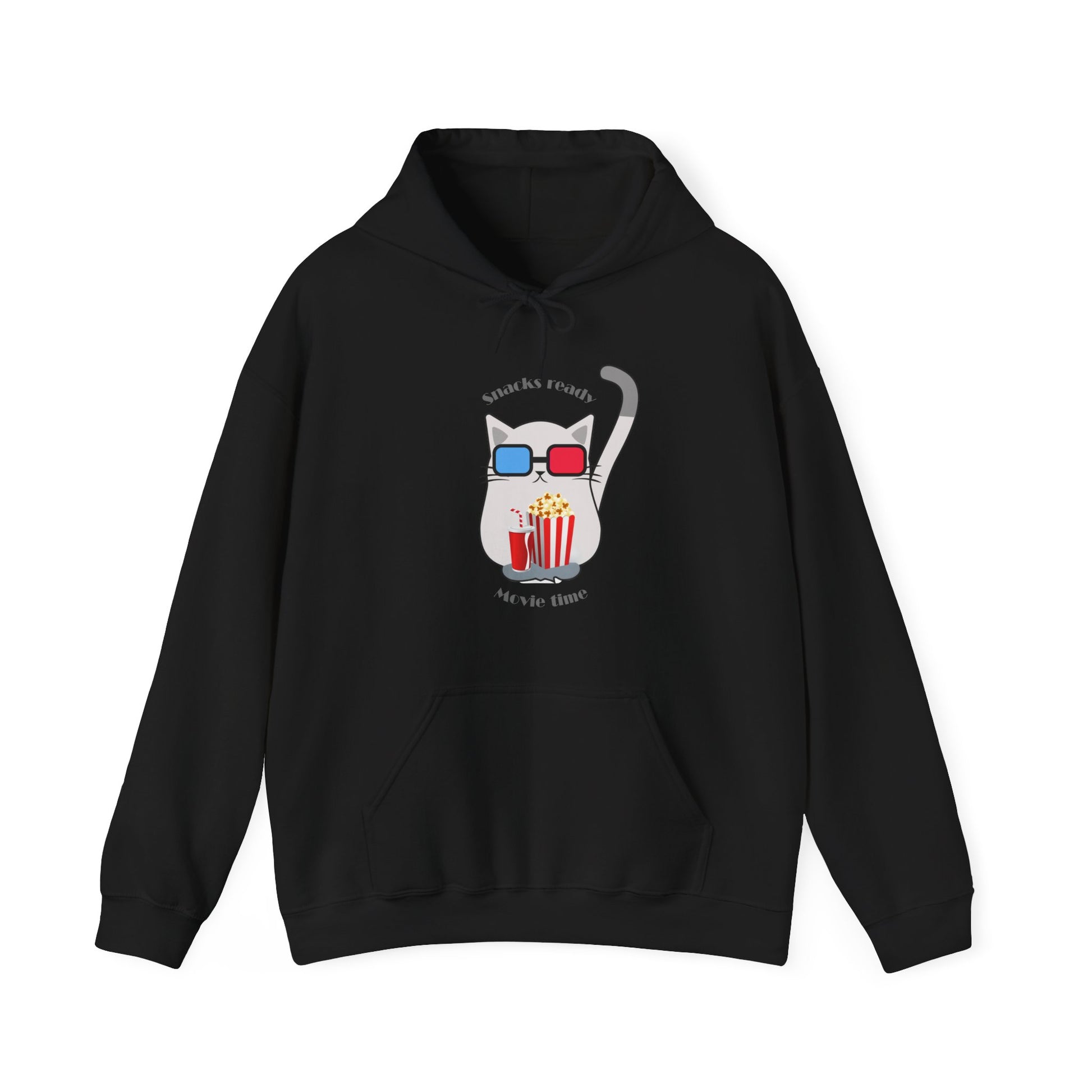 Black hoodie with cat wearing 3D glasses holding popcorn and drink with snacks ready movie time slogan displayed flat