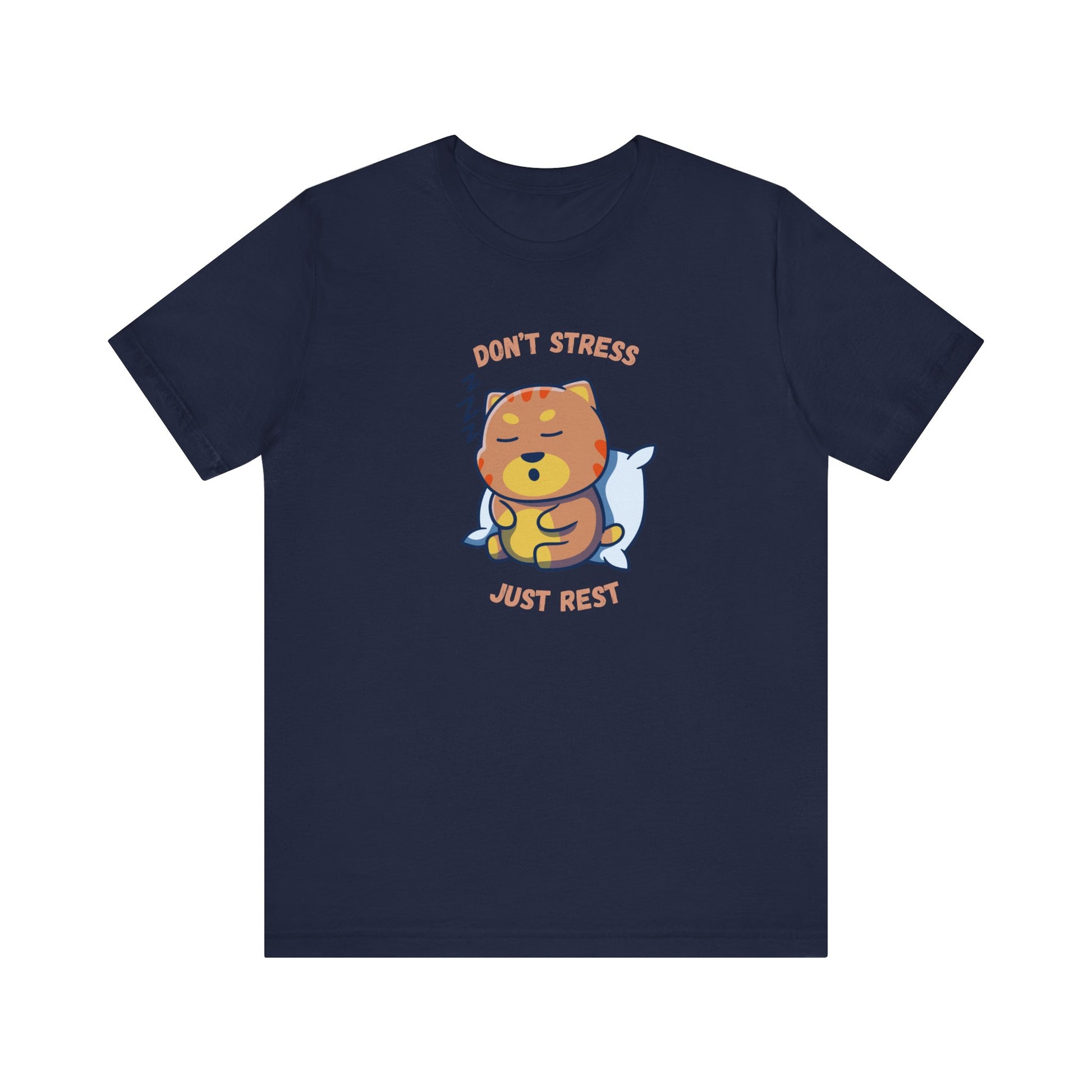 Navy color t-shirt with sleepy cat graphic and don’t stress just rest slogan displayed flat