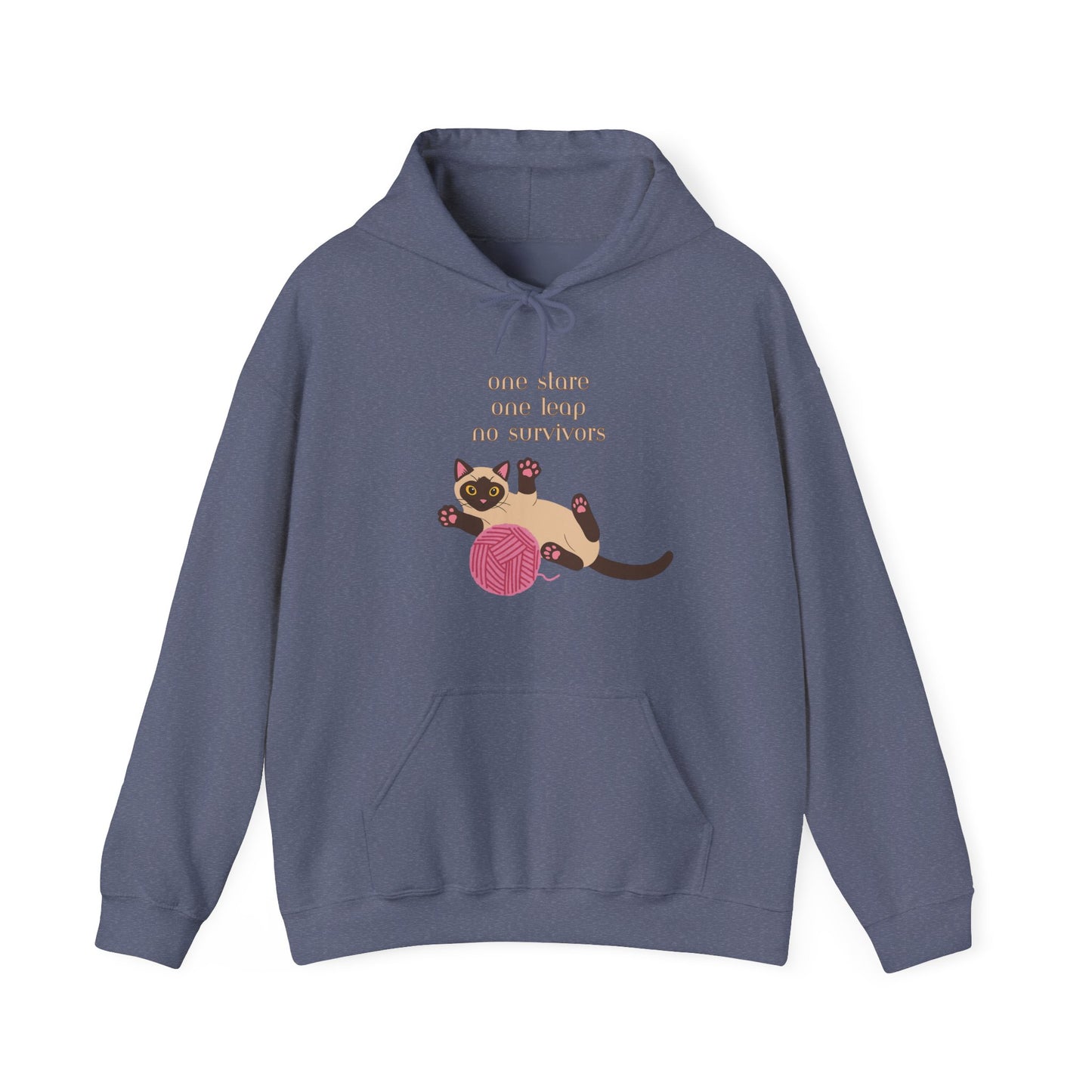 Heather Navy hoodie with Siamese cat graphic and one stare one leap no survivors slogan displayed flat