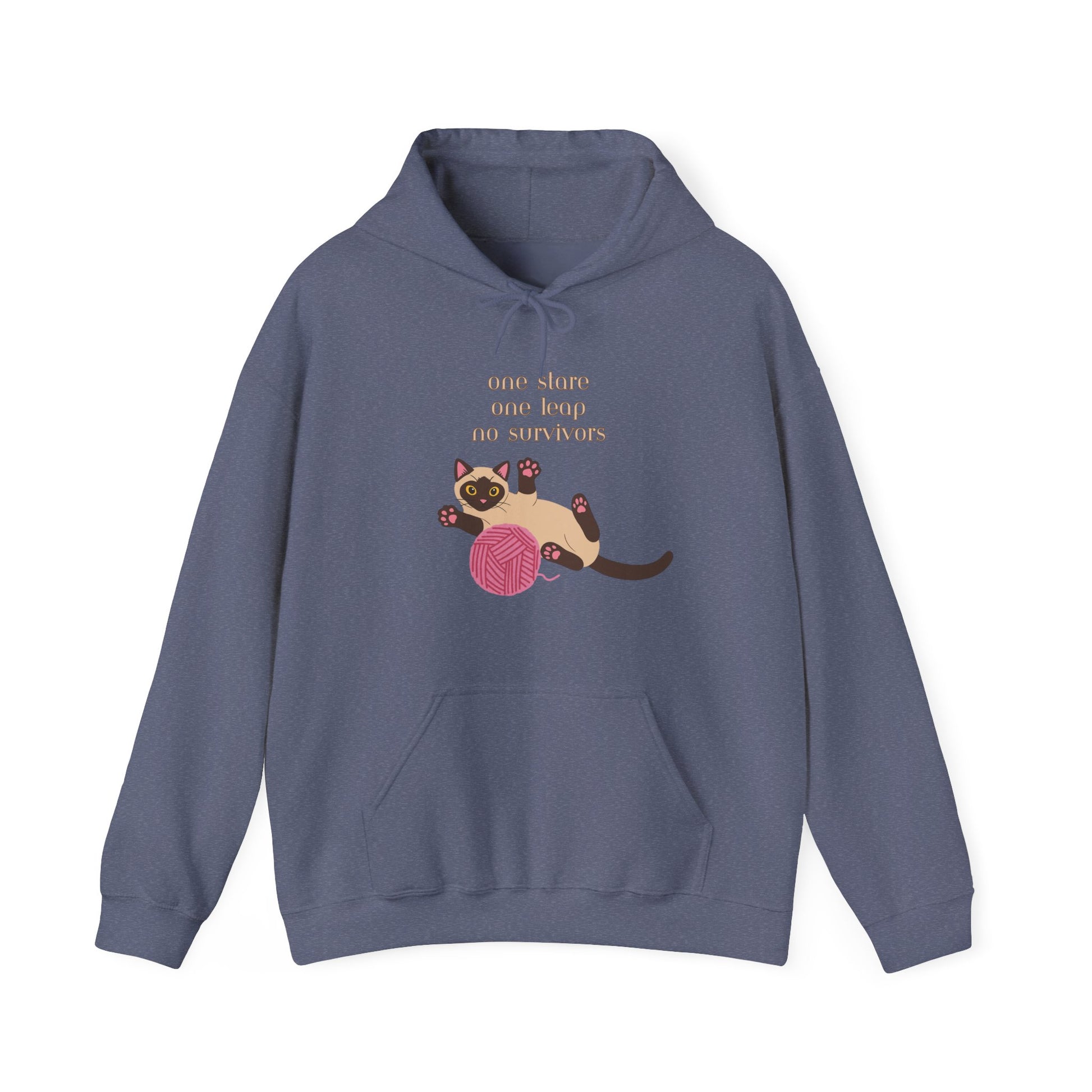 Heather Navy hoodie with Siamese cat graphic and one stare one leap no survivors slogan displayed flat